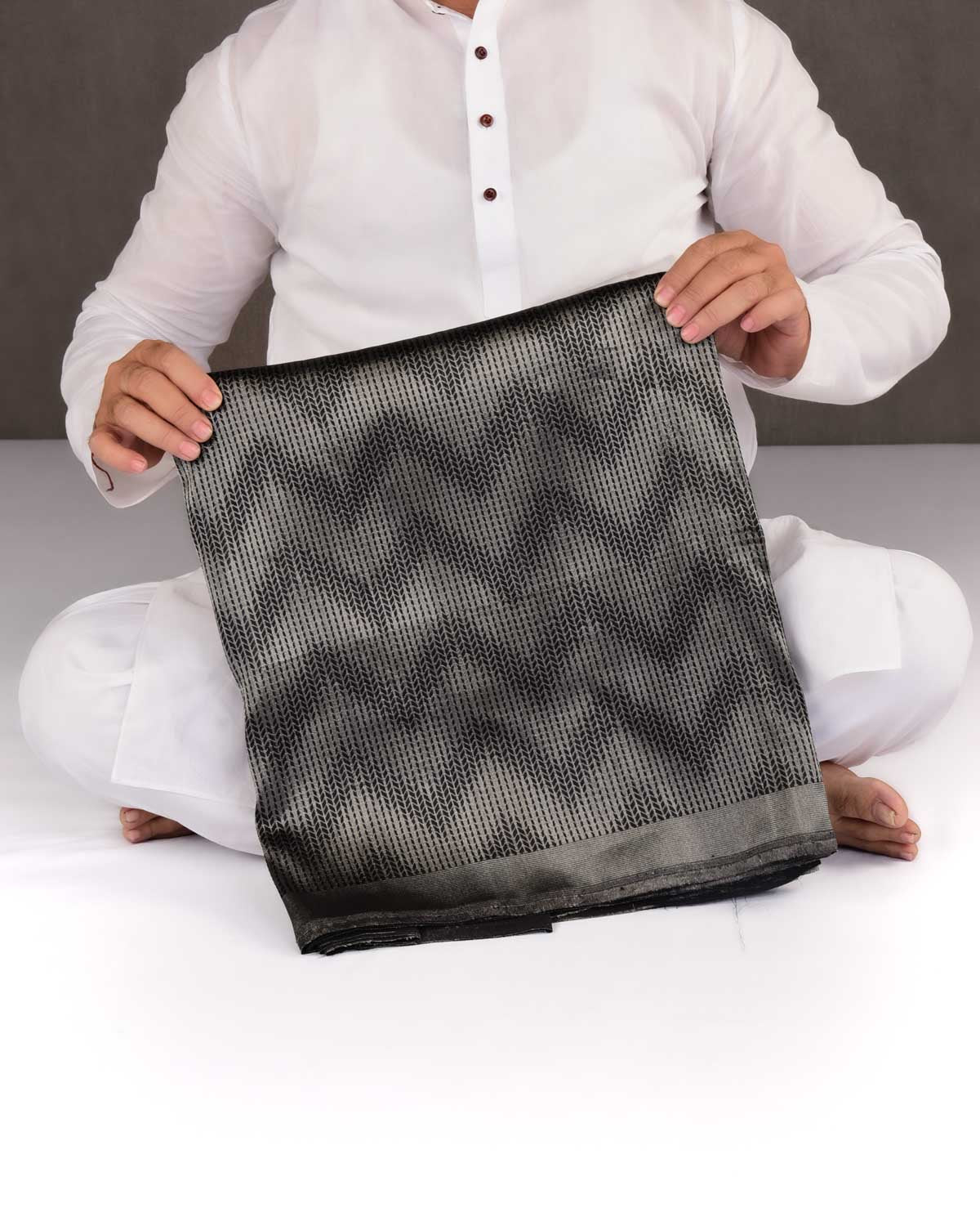 Metallic Cocktail Black Banarasi Herring Bone Chevron Resham Tanchoi Brocade Handwoven Katan Silk Saree-HolyWeaves