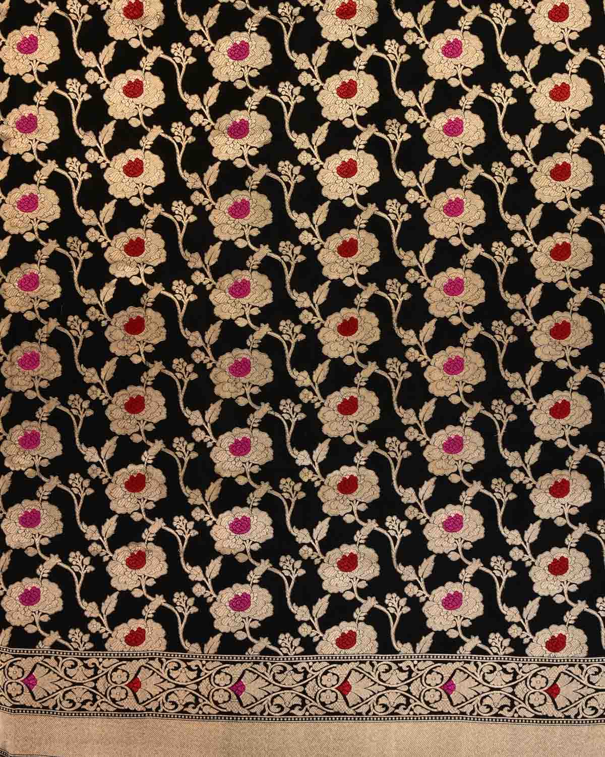 Black Banarasi Gold Zari & Resham Gulab Jaal Cutwork Brocade Handwoven Katan Silk Saree with Contrast Blouse-HolyWeaves