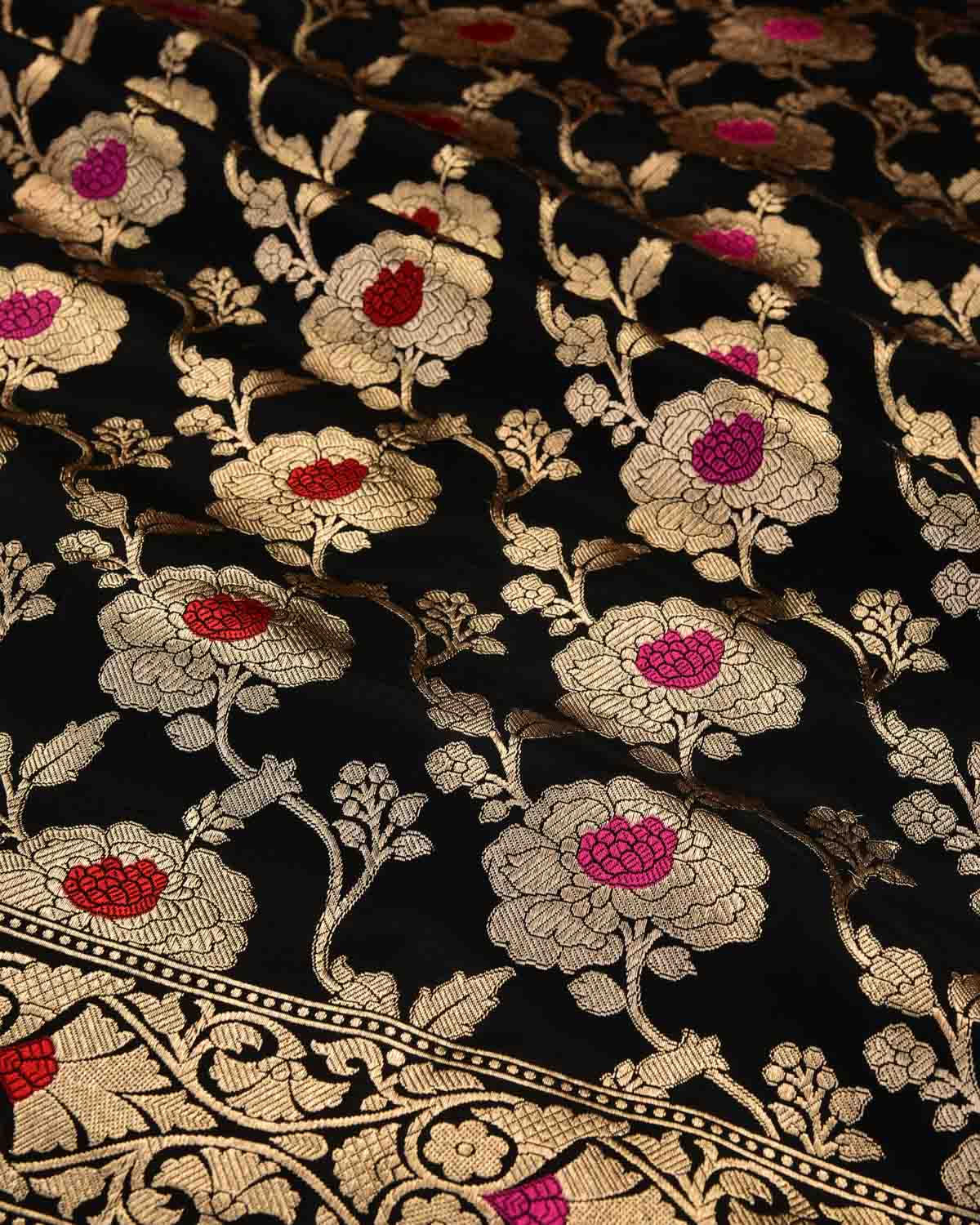 Black Banarasi Gold Zari & Resham Gulab Jaal Cutwork Brocade Handwoven Katan Silk Saree with Contrast Blouse-HolyWeaves