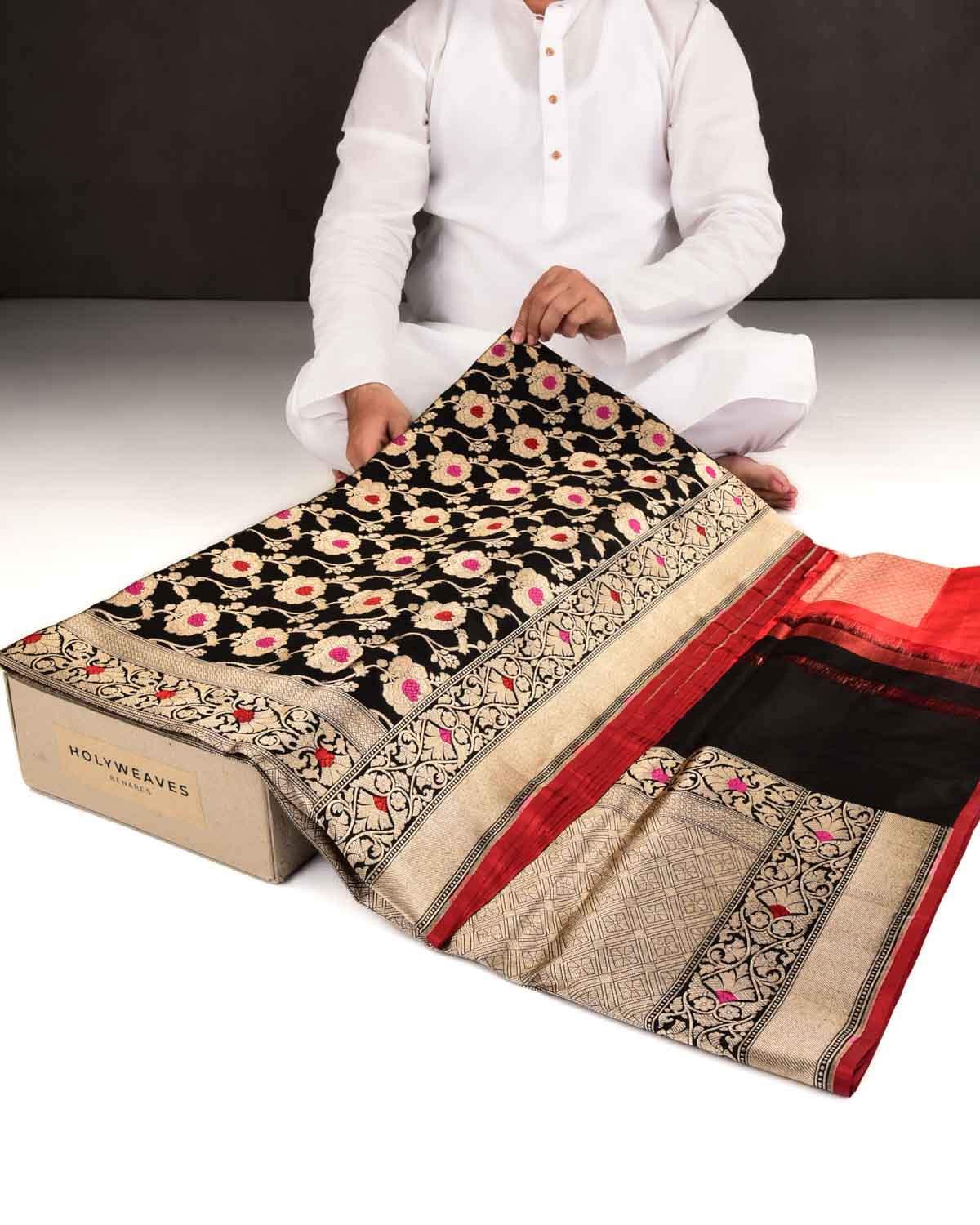 Black Banarasi Gold Zari & Resham Gulab Jaal Cutwork Brocade Handwoven Katan Silk Saree with Contrast Blouse-HolyWeaves