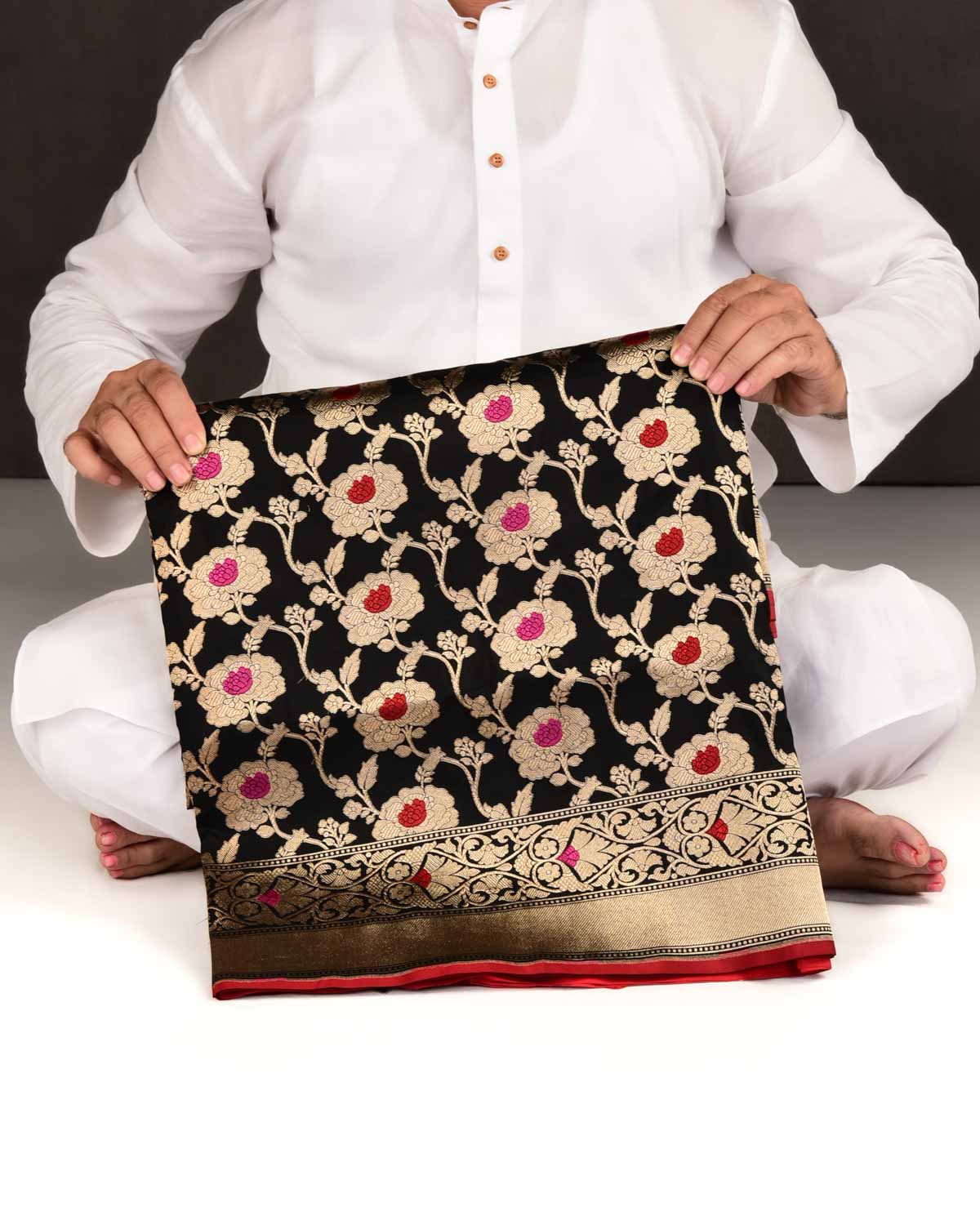 Black Banarasi Gold Zari & Resham Gulab Jaal Cutwork Brocade Handwoven Katan Silk Saree with Contrast Blouse-HolyWeaves