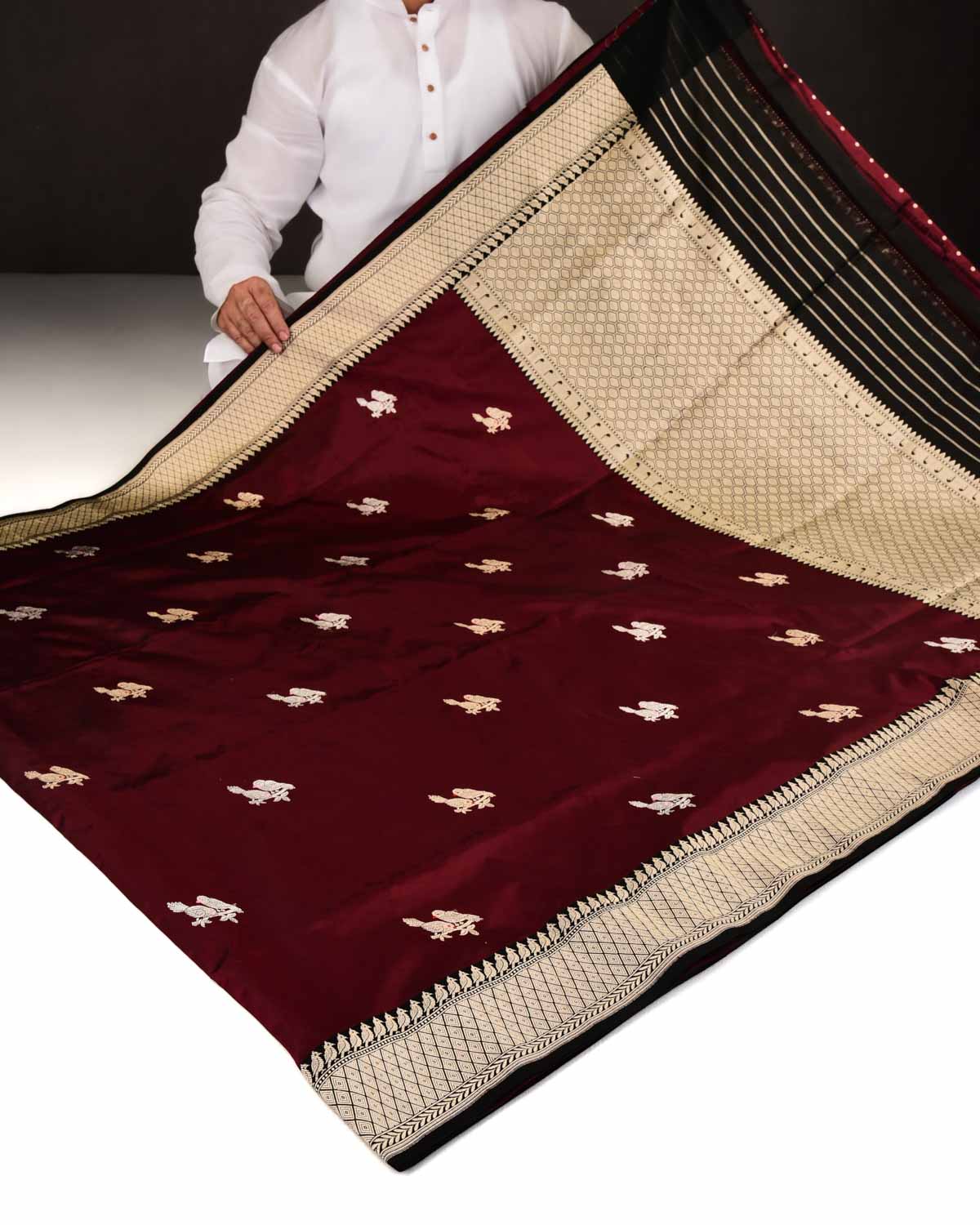 Maroon Banarasi Gold & Silver Zari Love Birds Kadhuan Brocade Handwoven Katan Silk Saree-HolyWeaves