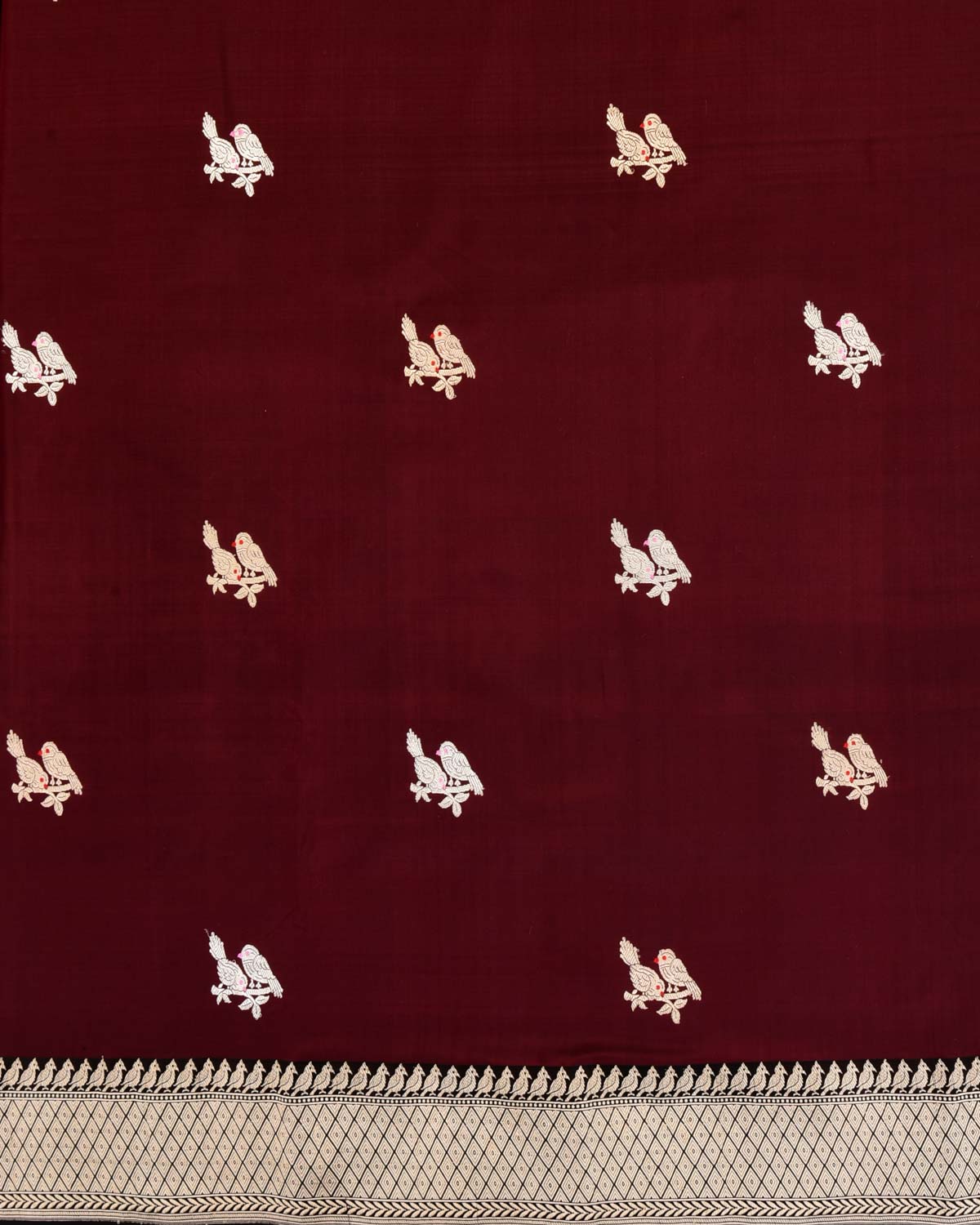 Maroon Banarasi Gold & Silver Zari Love Birds Kadhuan Brocade Handwoven Katan Silk Saree-HolyWeaves