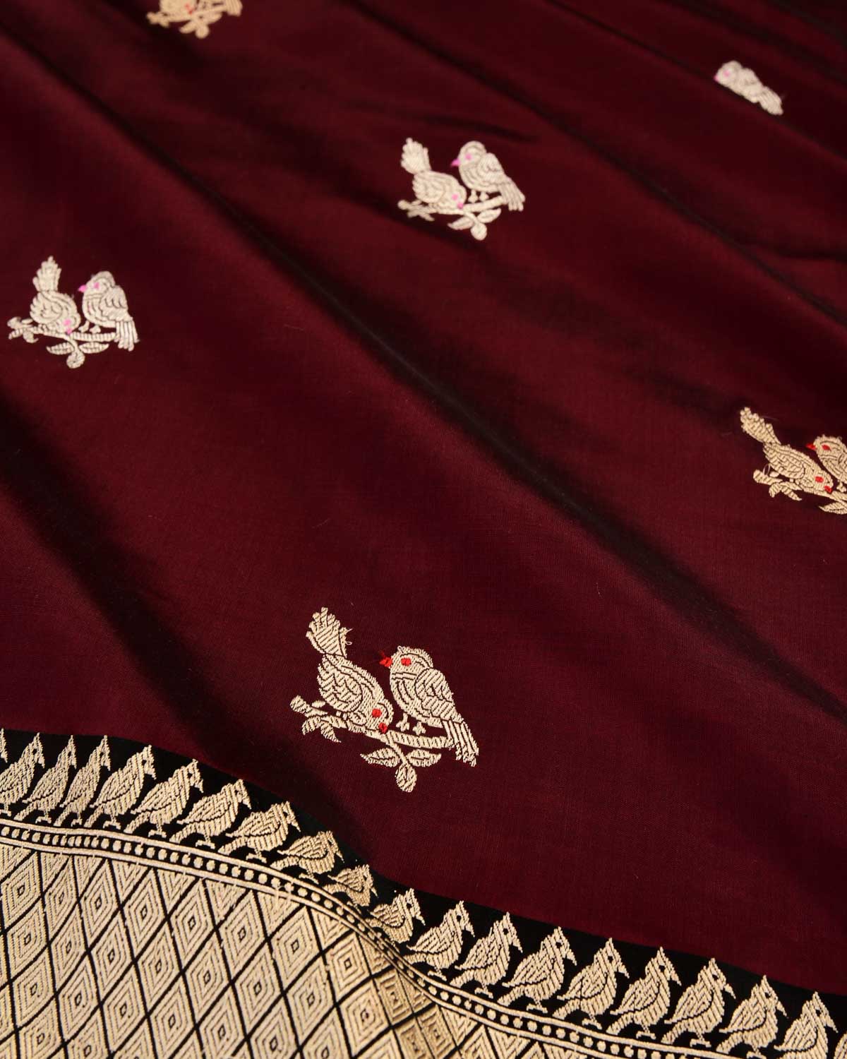 Maroon Banarasi Gold & Silver Zari Love Birds Kadhuan Brocade Handwoven Katan Silk Saree-HolyWeaves