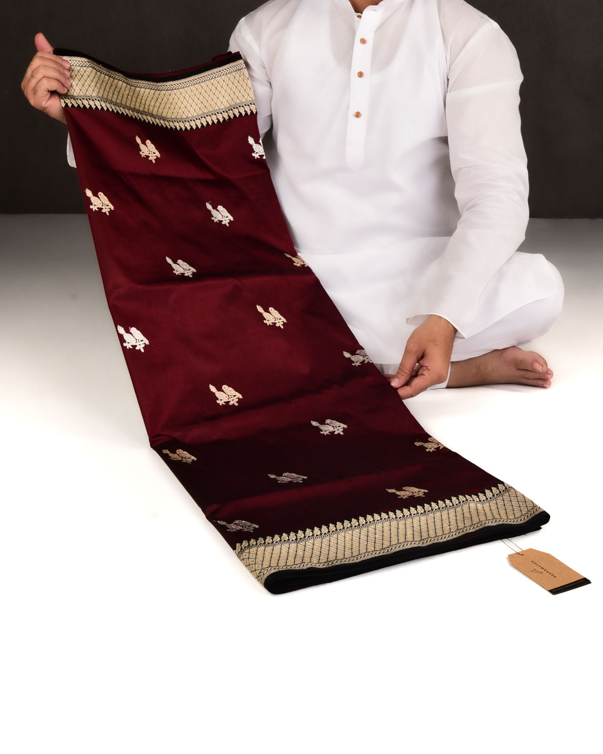Maroon Banarasi Gold & Silver Zari Love Birds Kadhuan Brocade Handwoven Katan Silk Saree-HolyWeaves