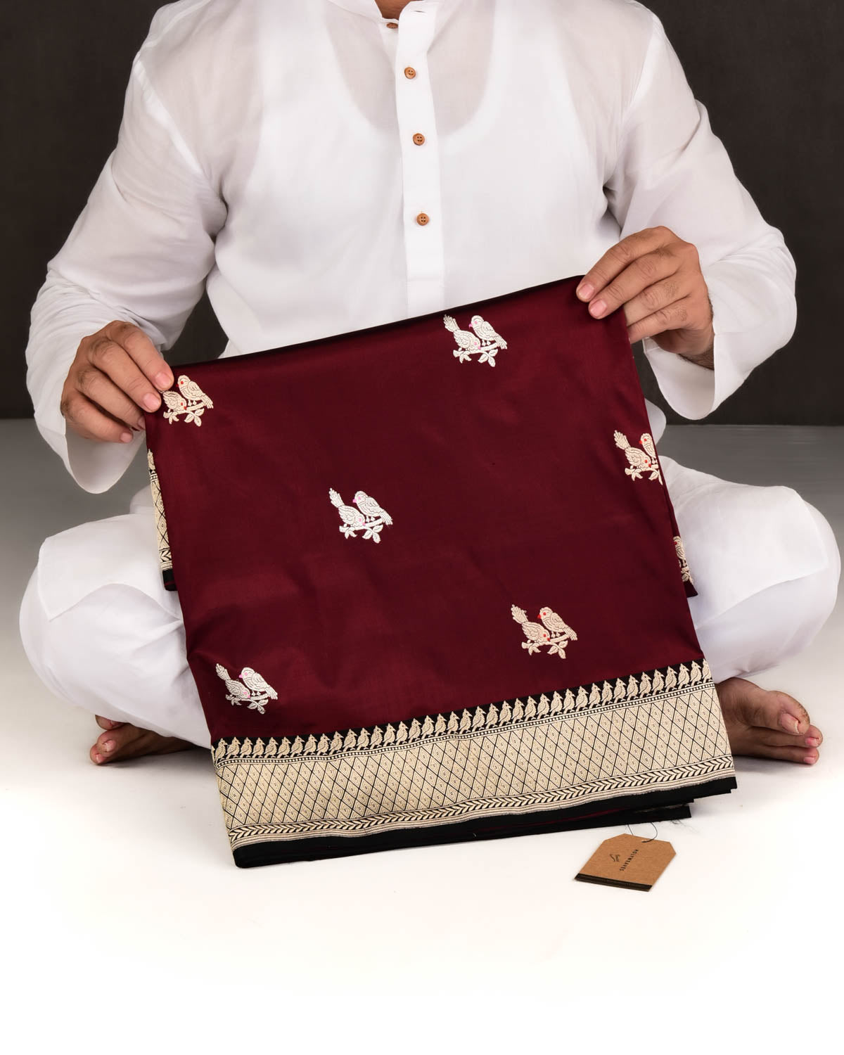Maroon Banarasi Gold & Silver Zari Love Birds Kadhuan Brocade Handwoven Katan Silk Saree-HolyWeaves