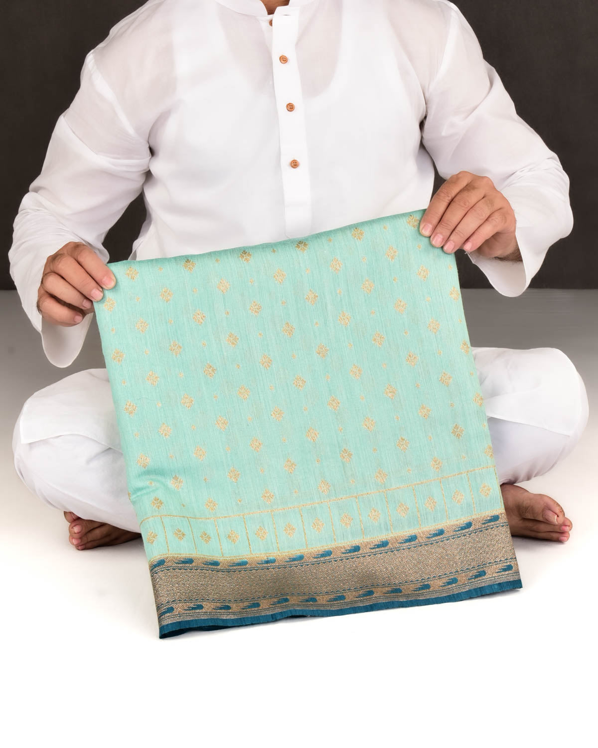 Tiffany Blue Banarasi Gold Zari Buti Cutwork Brocade Woven Muga Silk Saree with Contrast Border Pallu-HolyWeaves