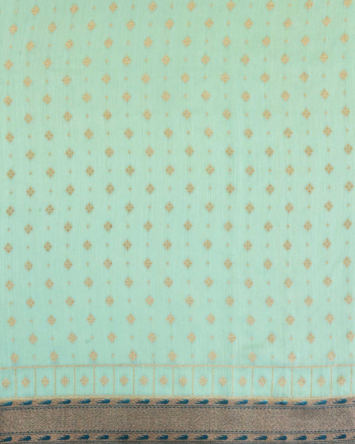 Tiffany Blue Banarasi Gold Zari Buti Cutwork Brocade Woven Muga Silk Saree with Contrast Border Pallu-HolyWeaves