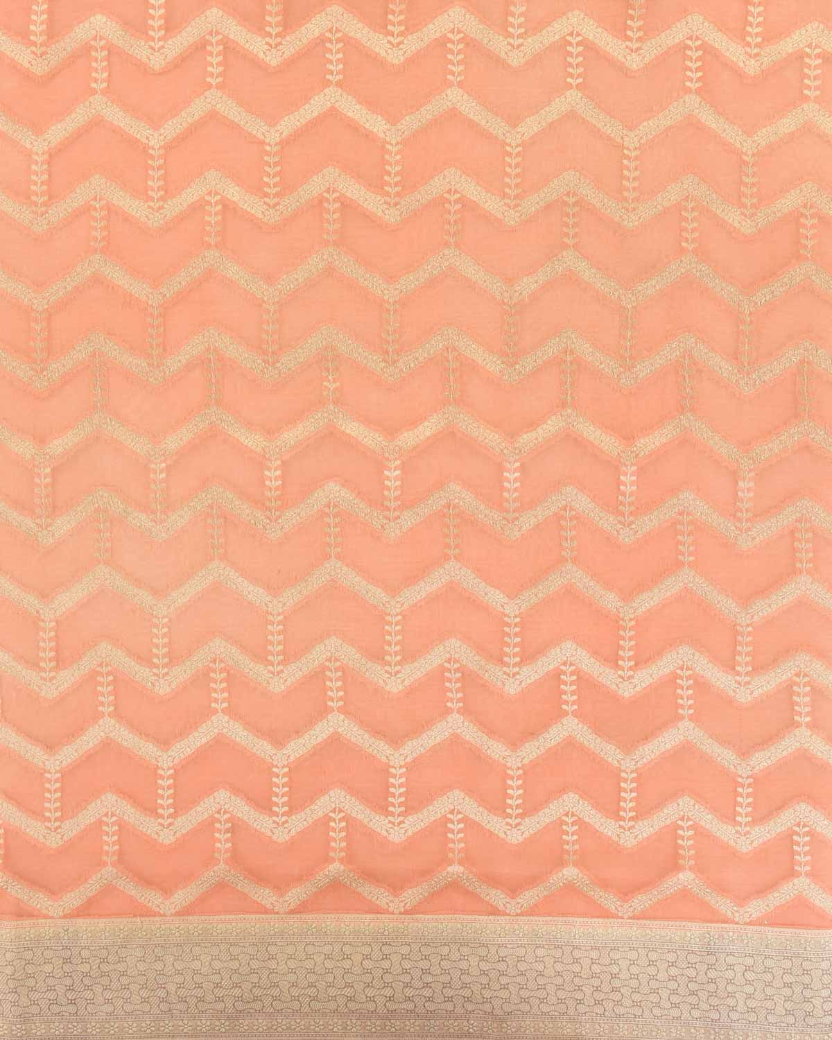 Peach Banarasi Gold Zari Geometric Cutwork Brocade Woven Kora Silk Saree with Contrast Border Pallu-HolyWeaves