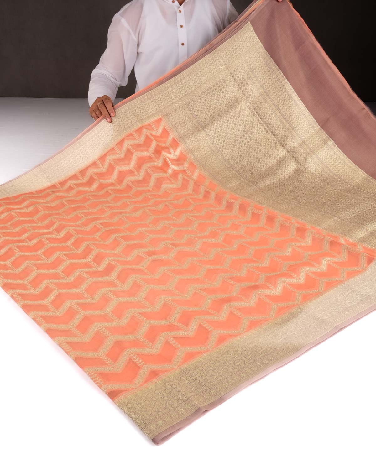 Peach Banarasi Gold Zari Geometric Cutwork Brocade Woven Kora Silk Saree with Contrast Border Pallu-HolyWeaves