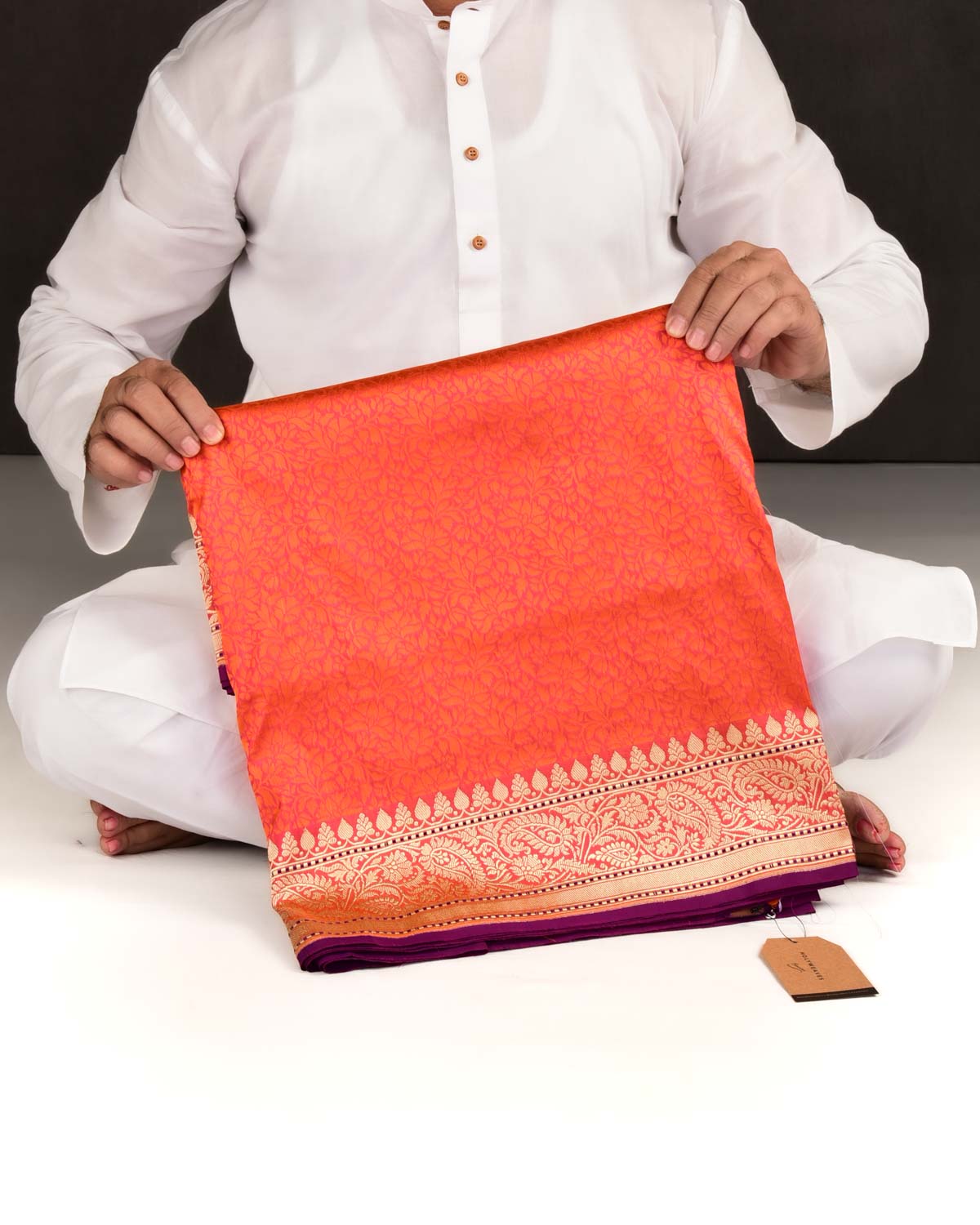 Orange Banarasi Maheel Jaal Resham Tanchoi Handwoven Katan Silk Saree with Gold Zari Border Pallu-HolyWeaves