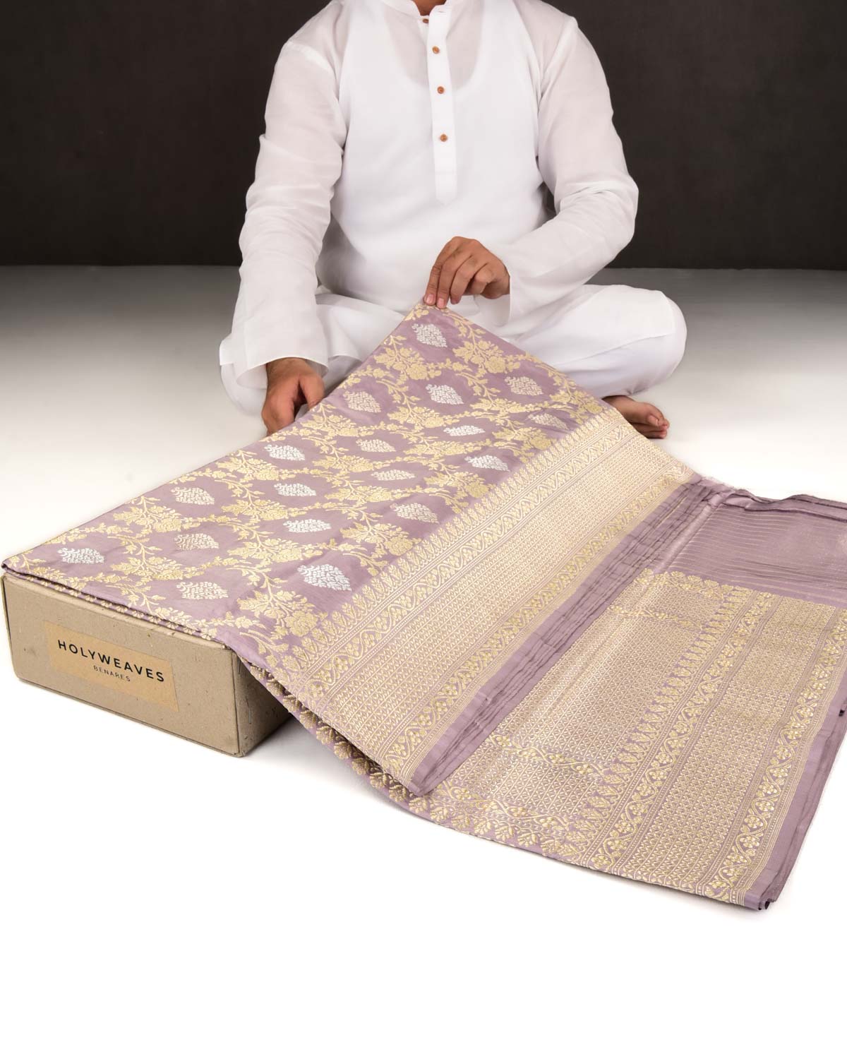 Lavender Banarasi Gold & Silver Zari Kadhuan Brocade Handwoven Katan Silk Saree-HolyWeaves