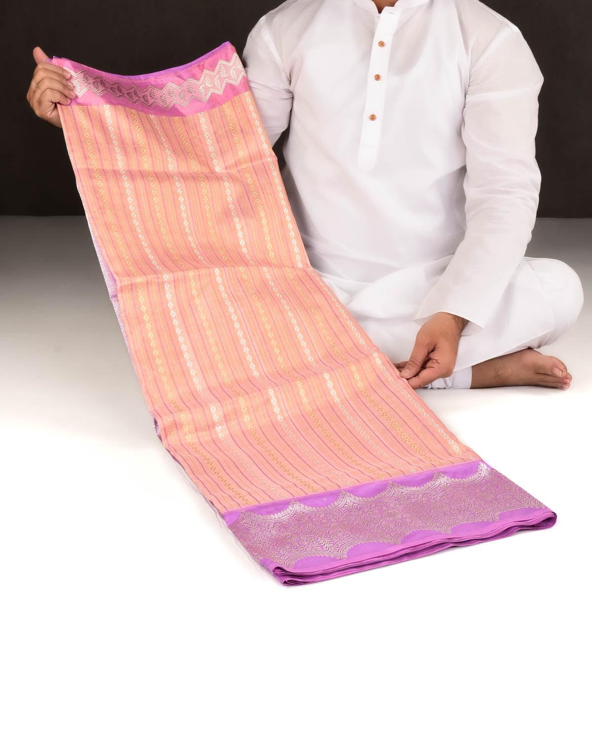 Metallic Peach Banarasi Gold & Silver Zari Brocade Handwoven Katan Tissue Saree with Contrast Mauve Border Pallu-HolyWeaves