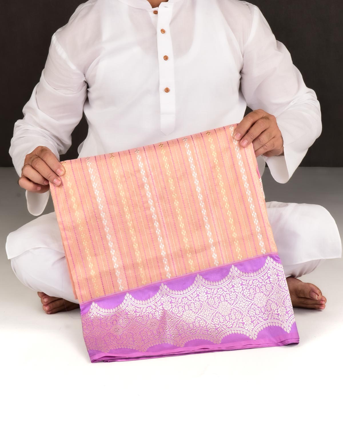 Metallic Peach Banarasi Gold & Silver Zari Brocade Handwoven Katan Tissue Saree with Contrast Mauve Border Pallu-HolyWeaves