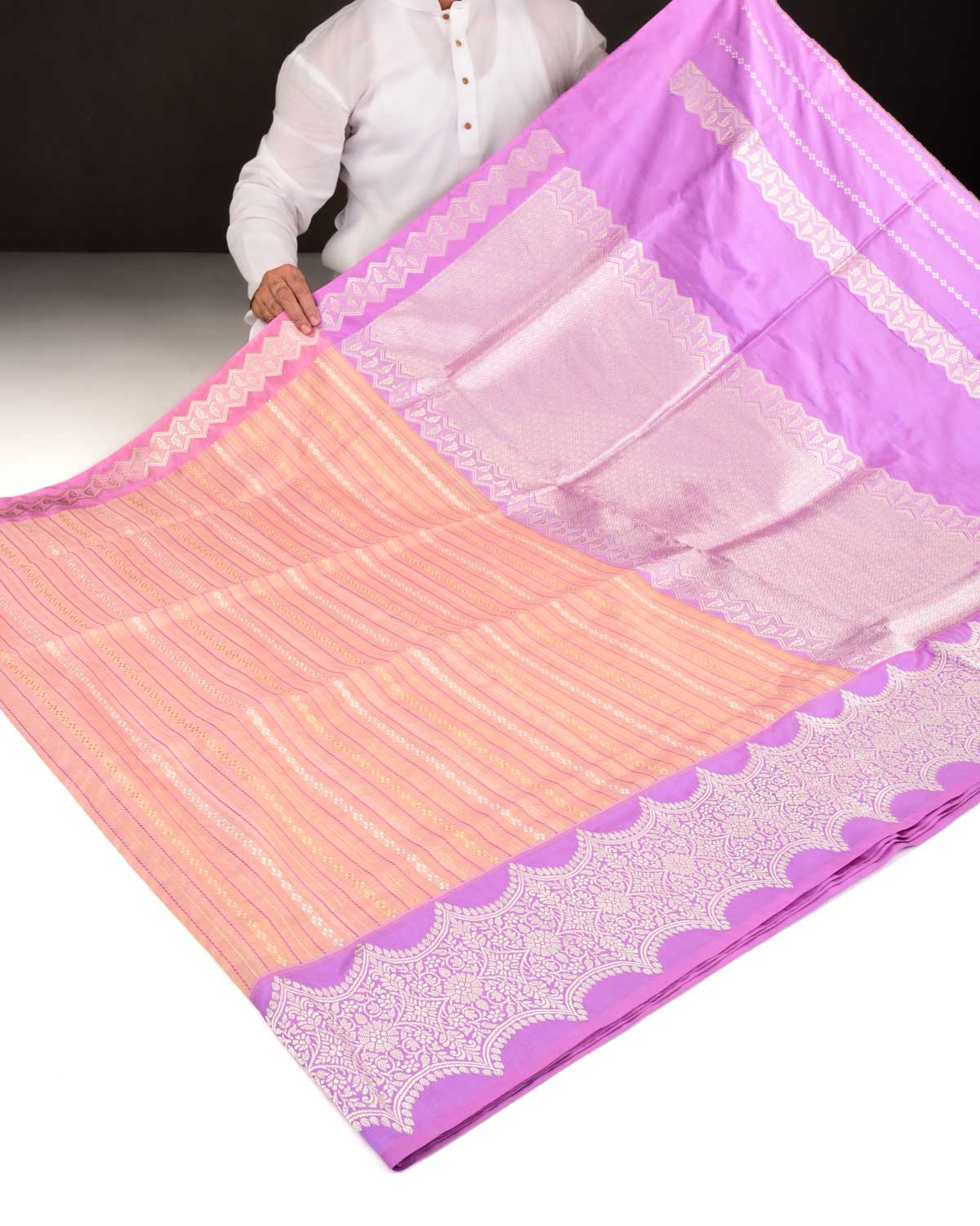 Metallic Peach Banarasi Gold & Silver Zari Brocade Handwoven Katan Tissue Saree with Contrast Mauve Border Pallu-HolyWeaves