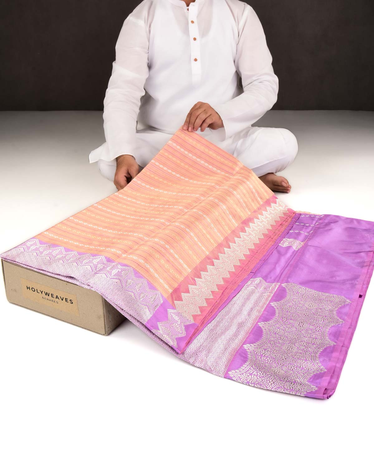 Metallic Peach Banarasi Gold & Silver Zari Brocade Handwoven Katan Tissue Saree with Contrast Mauve Border Pallu-HolyWeaves