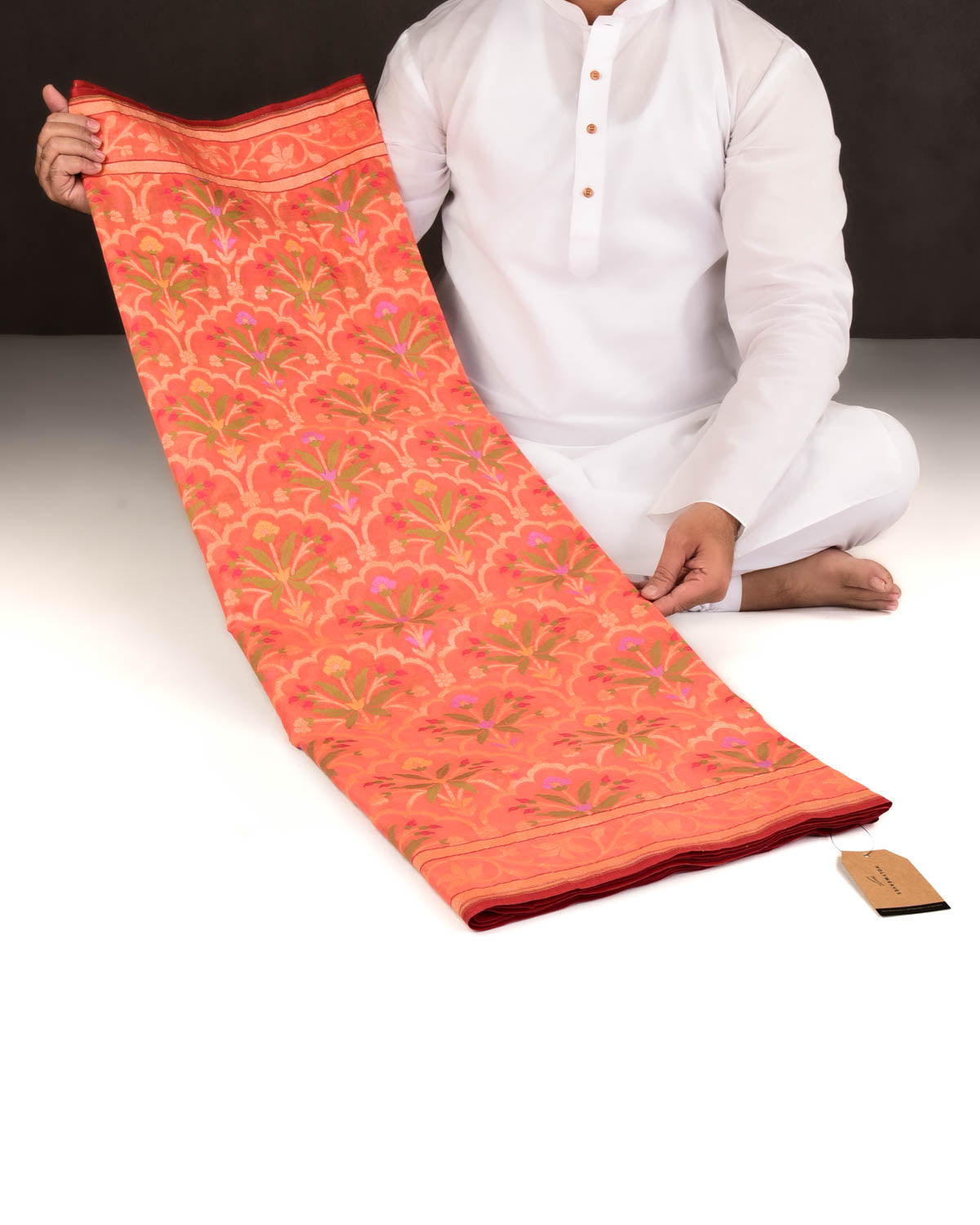 Orange Banarasi Gold Zari & Resham Tehri Cutwork Brocade Handwoven Handloom Cotton Saree-HolyWeaves