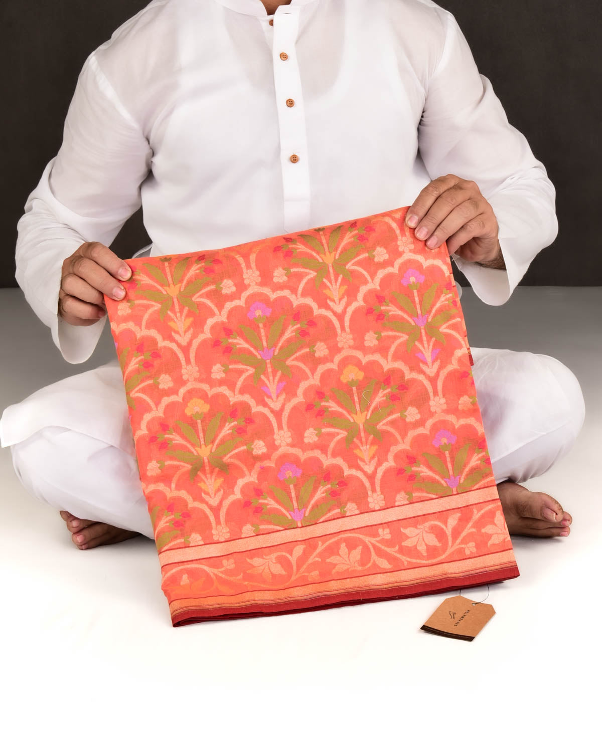 Orange Banarasi Gold Zari & Resham Tehri Cutwork Brocade Handwoven Handloom Cotton Saree-HolyWeaves