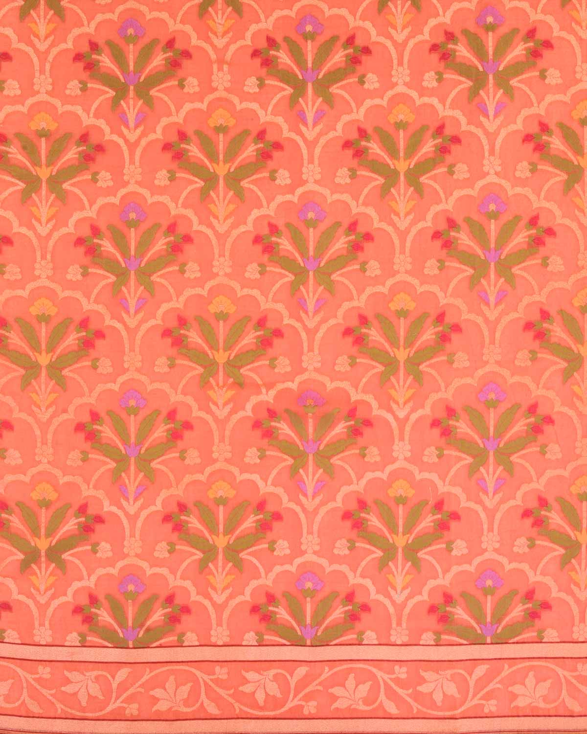 Orange Banarasi Gold Zari & Resham Tehri Cutwork Brocade Handwoven Handloom Cotton Saree-HolyWeaves