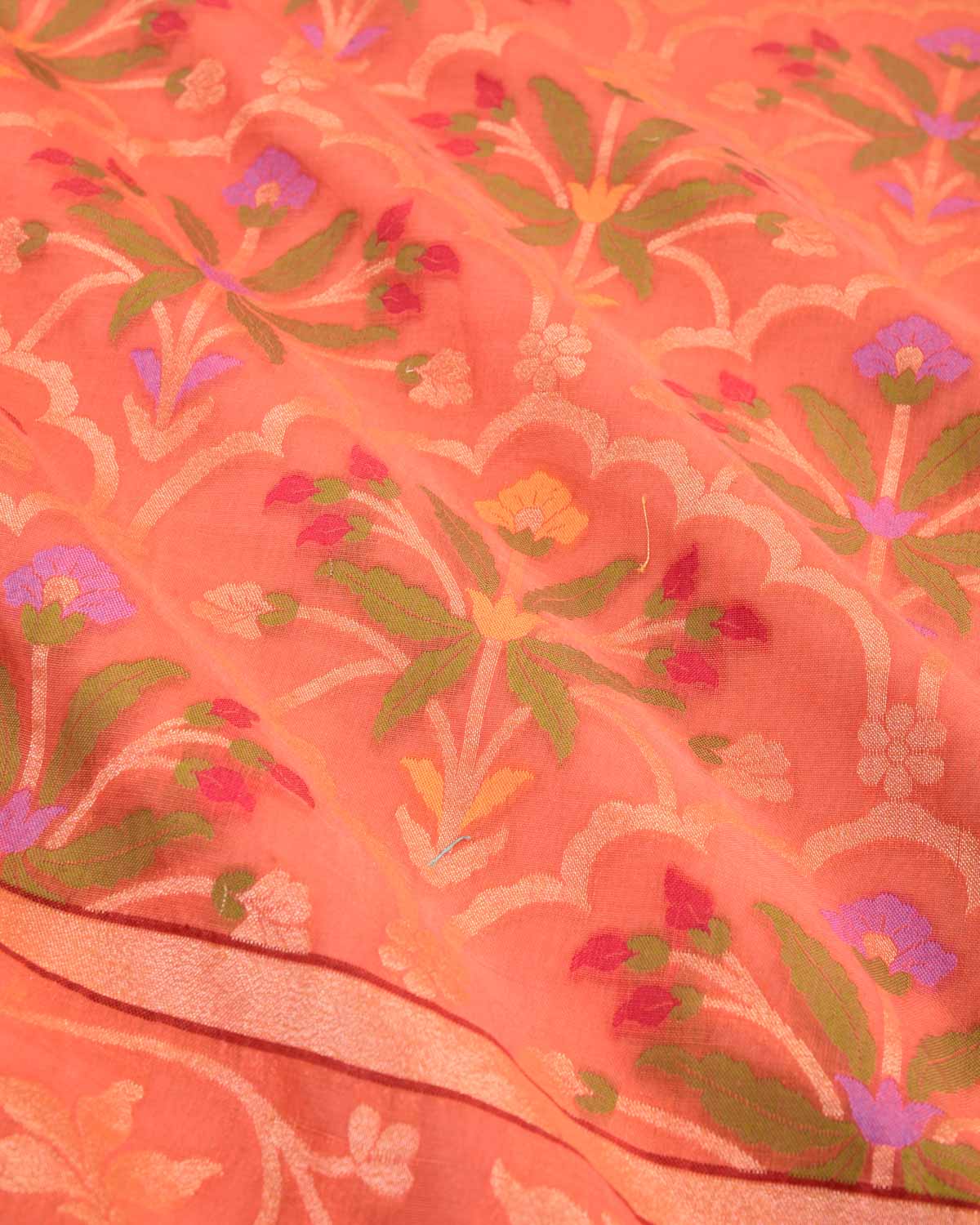 Orange Banarasi Gold Zari & Resham Tehri Cutwork Brocade Handwoven Handloom Cotton Saree-HolyWeaves