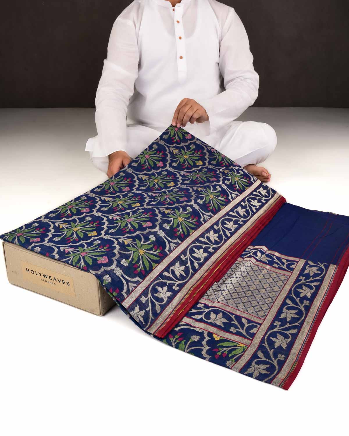 Navy Blue Banarasi Gold Zari & Resham Tehri Cutwork Brocade Handwoven Handloom Cotton Saree-HolyWeaves