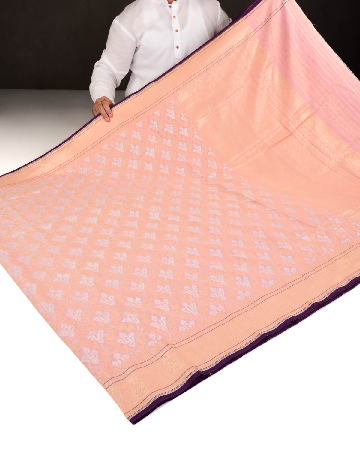Pink Banarasi Gold & Silver Zari Buti Cutwork Brocade Handwoven Handloom Cotton Saree-HolyWeaves