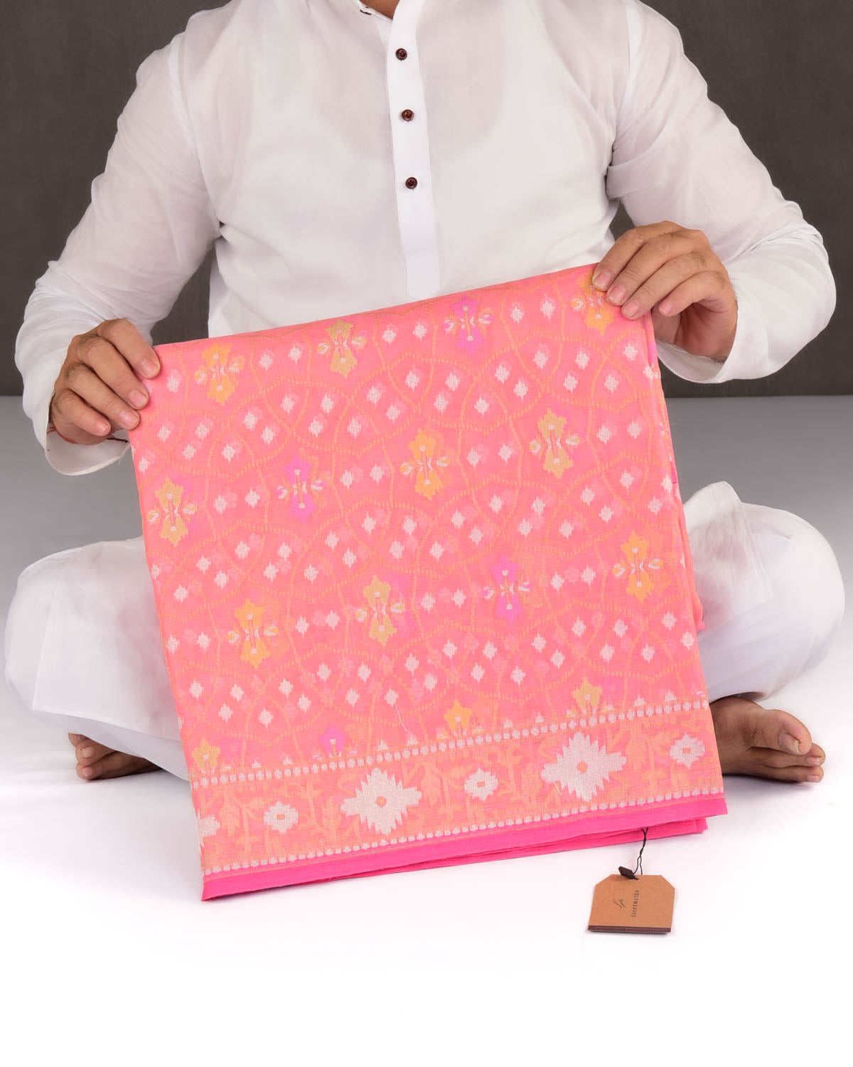 Pink Banarasi Gold Silver Zari & Resham Jangla Ektara Cutwork Brocade Handwoven Kora Silk Saree-HolyWeaves