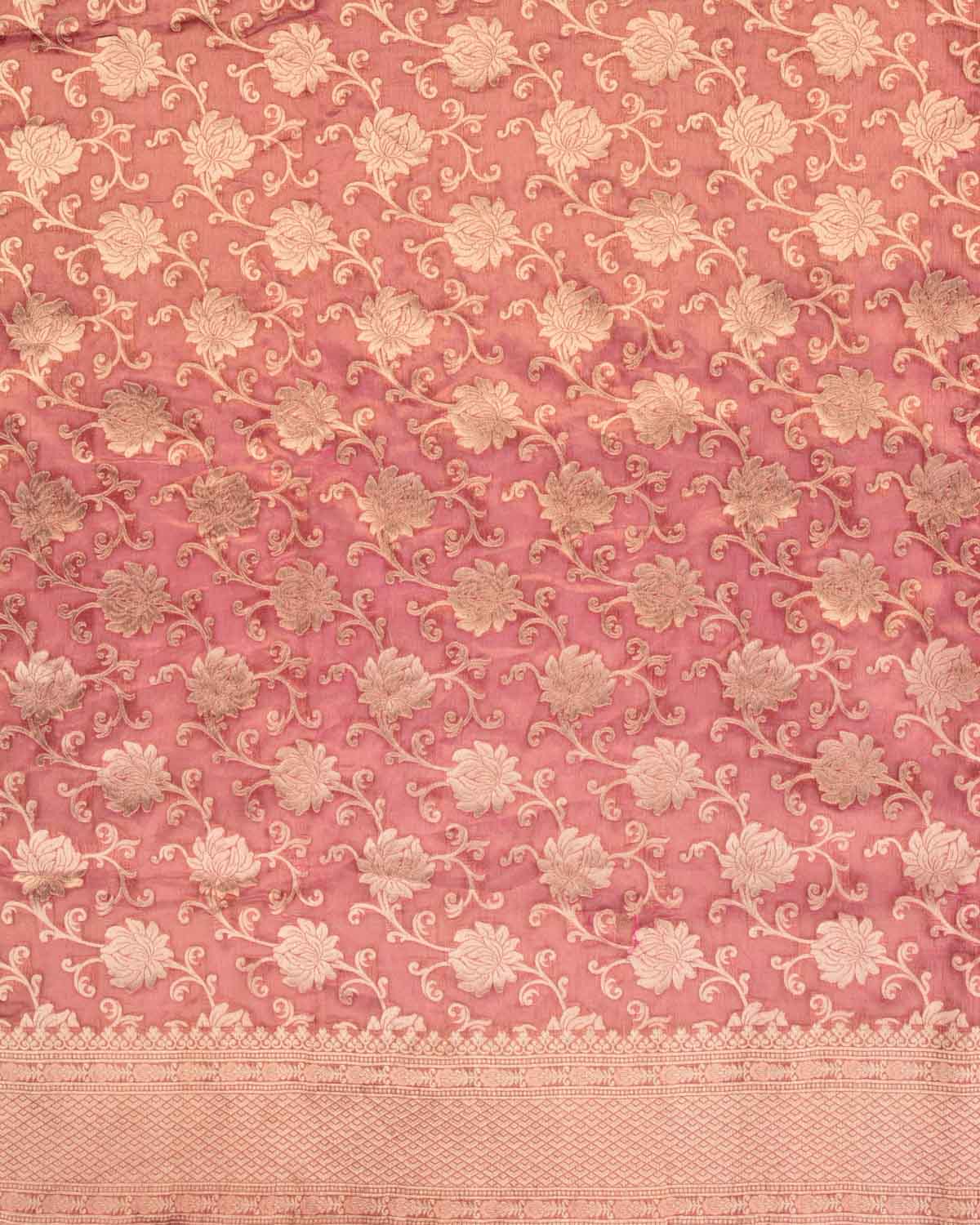 Metallic Pink Banarasi Gold Zari Floral Jaal Cutwork Brocade Handwoven Kora Tissue Saree-HolyWeaves