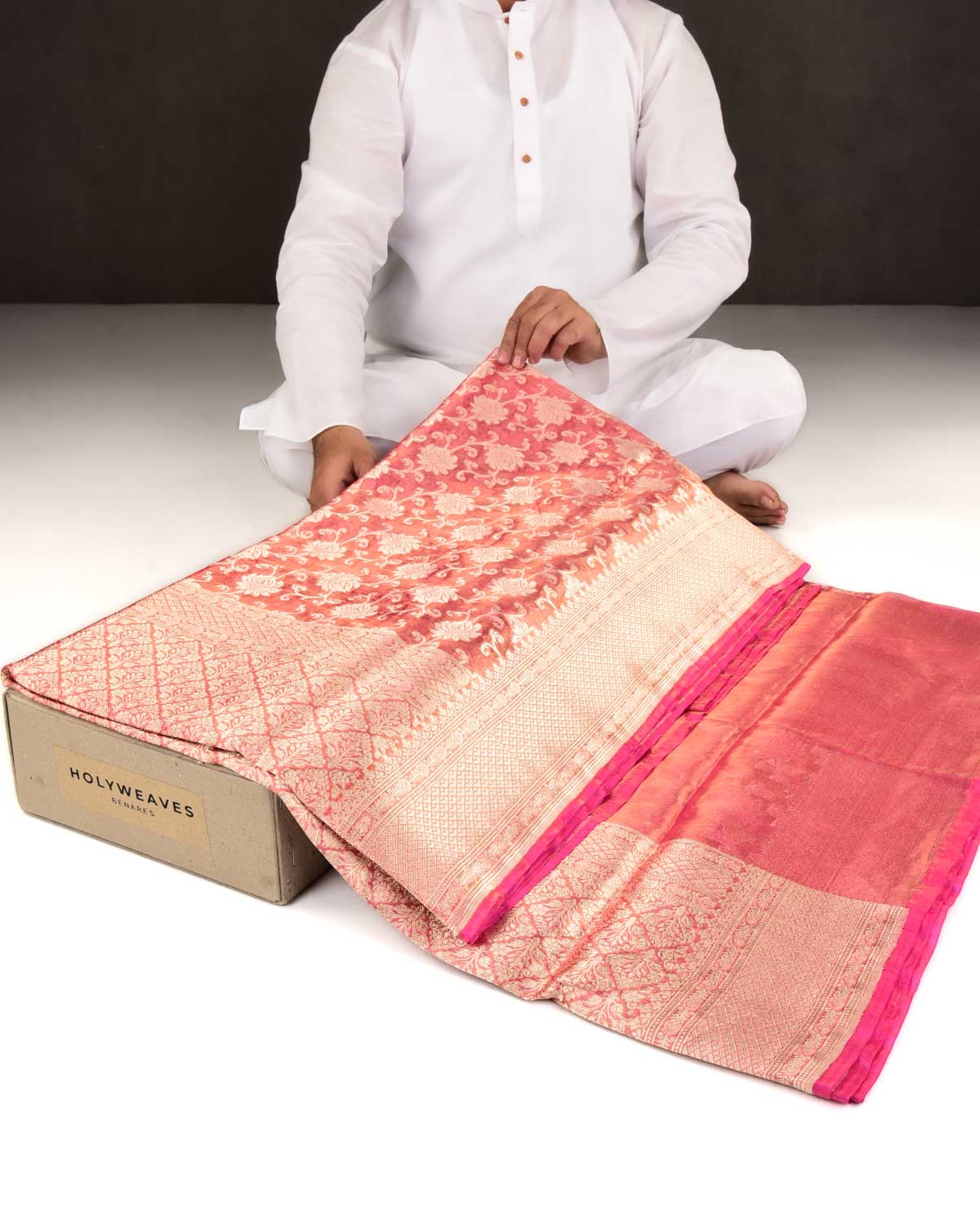 Metallic Pink Banarasi Gold Zari Floral Jaal Cutwork Brocade Handwoven Kora Tissue Saree-HolyWeaves