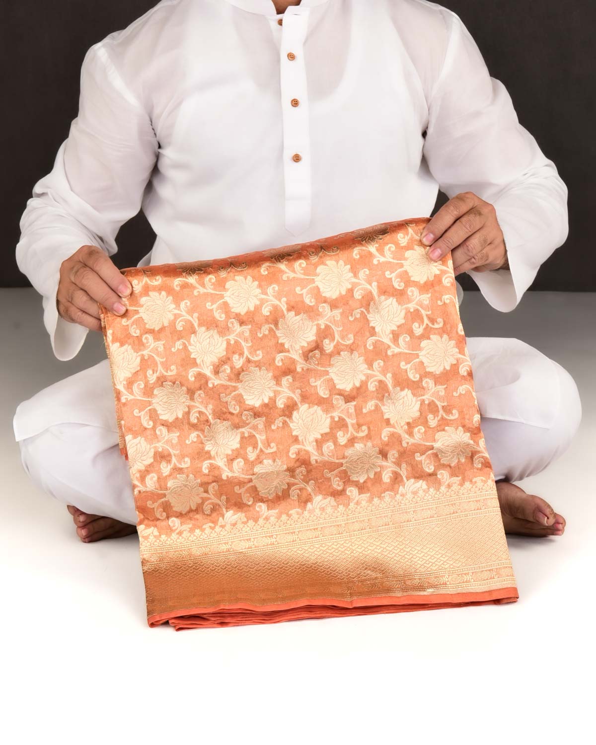 Metallic Orange Banarasi Gold Zari Floral Jaal Cutwork Brocade Handwoven Kora Tissue Saree-HolyWeaves