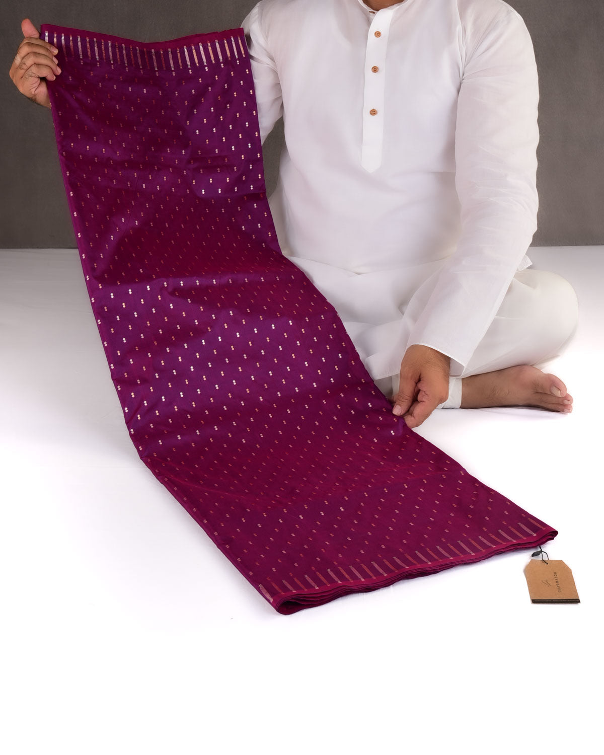 Shot Magenta Banarasi Gold & Silver Zari Duet Polka Buti Cutwork Brocade Handwoven Katan Silk Saree with Gita Shlok Blouse-HolyWeaves