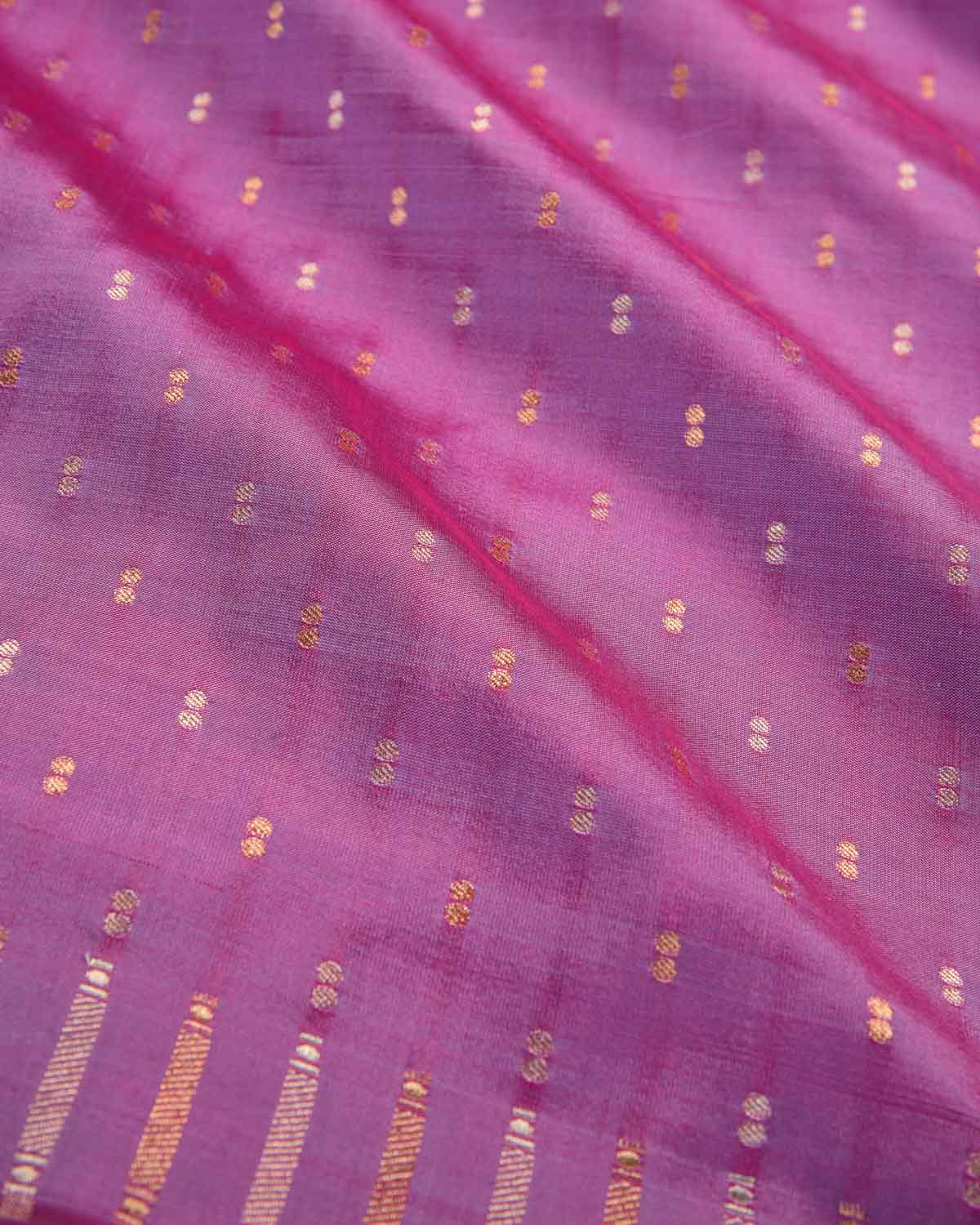 Shot Mauve Banarasi Gold & Silver Zari Duet Polka Buti Cutwork Brocade Handwoven Katan Silk Saree with Gita Shlok Blouse-HolyWeaves