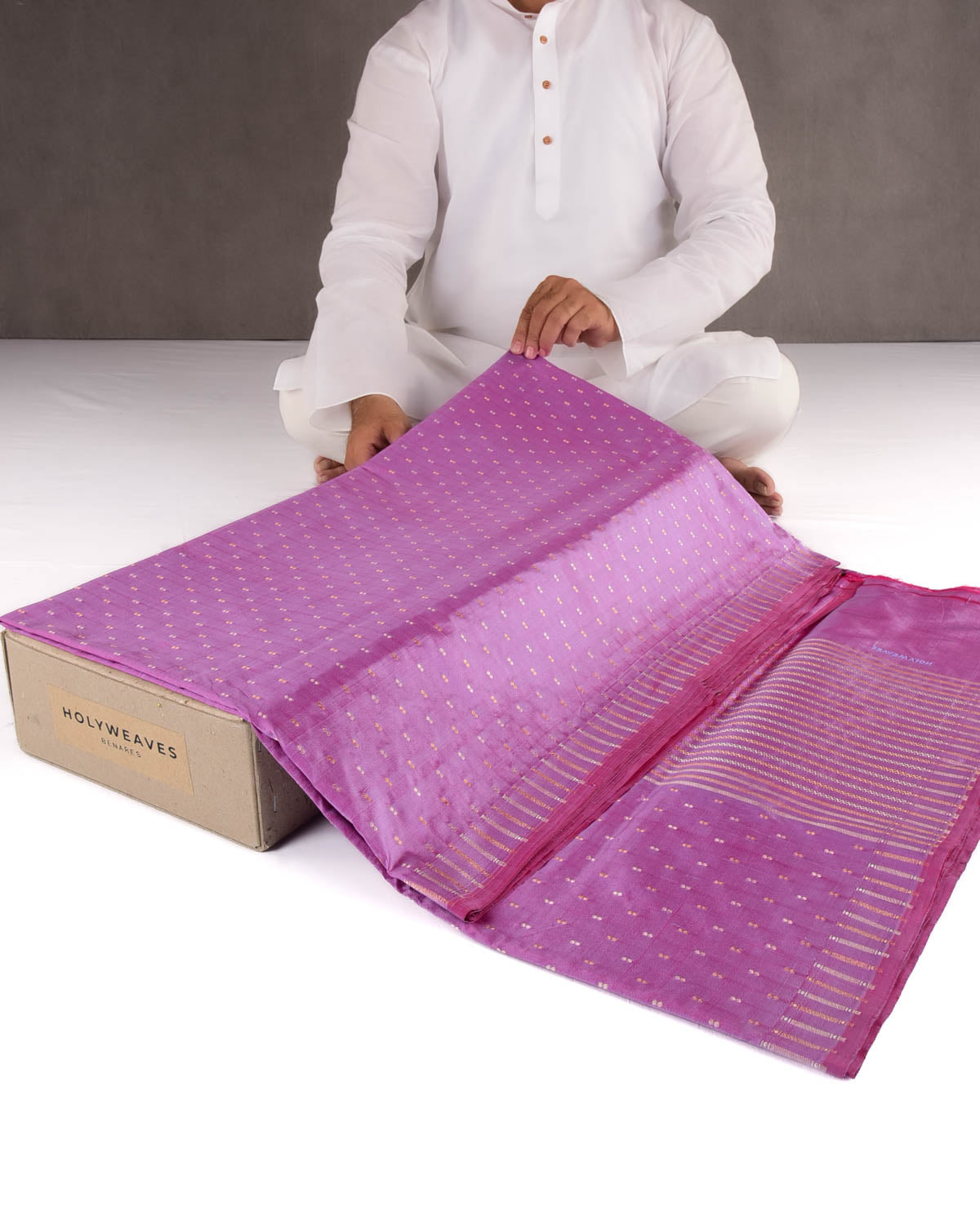 Shot Mauve Banarasi Gold & Silver Zari Duet Polka Buti Cutwork Brocade Handwoven Katan Silk Saree with Gita Shlok Blouse-HolyWeaves