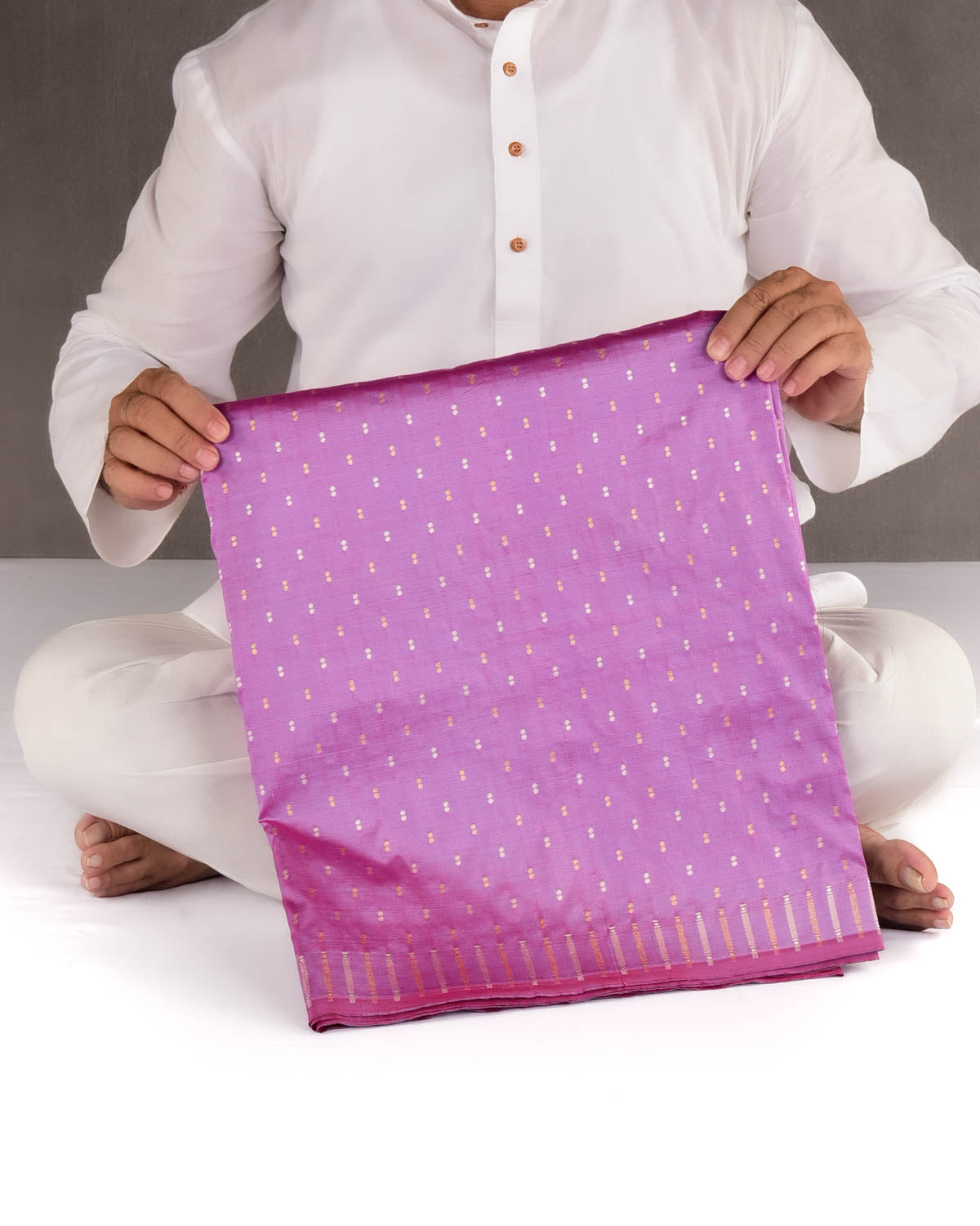 Shot Mauve Banarasi Gold & Silver Zari Duet Polka Buti Cutwork Brocade Handwoven Katan Silk Saree with Gita Shlok Blouse-HolyWeaves