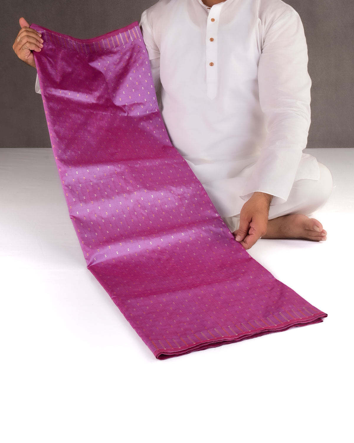 Shot Mauve Banarasi Gold & Silver Zari Duet Polka Buti Cutwork Brocade Handwoven Katan Silk Saree with Gita Shlok Blouse-HolyWeaves