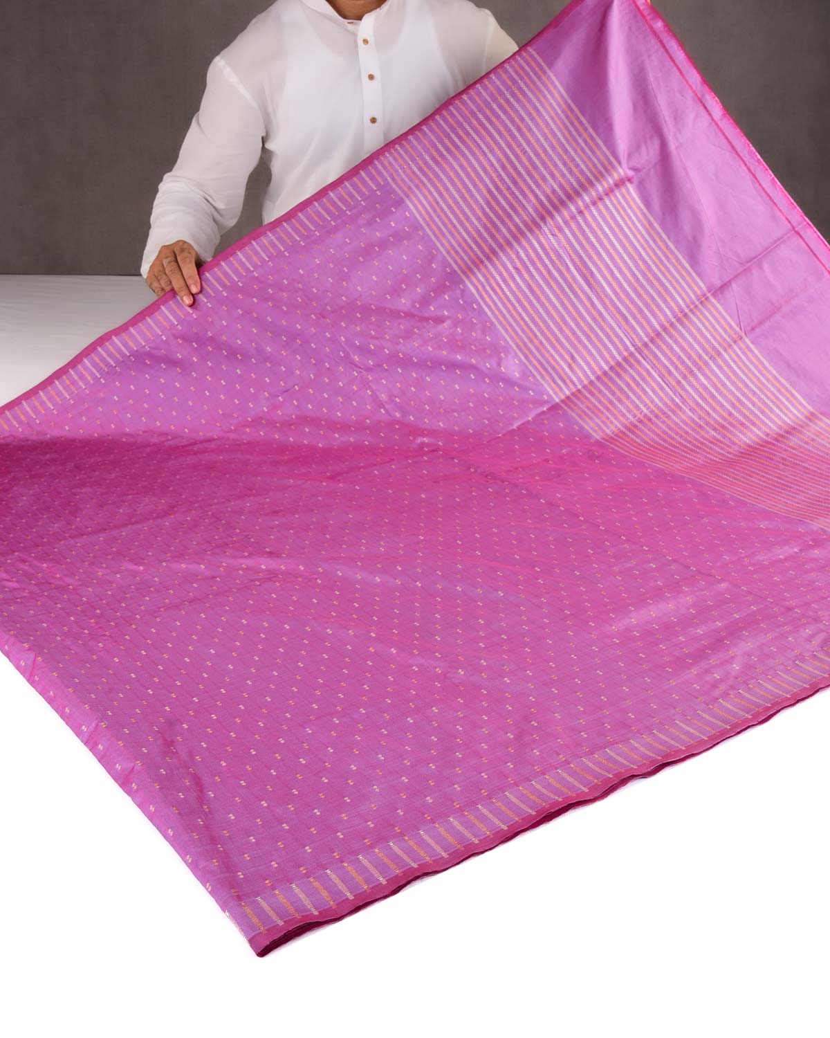 Shot Mauve Banarasi Gold & Silver Zari Duet Polka Buti Cutwork Brocade Handwoven Katan Silk Saree with Gita Shlok Blouse-HolyWeaves