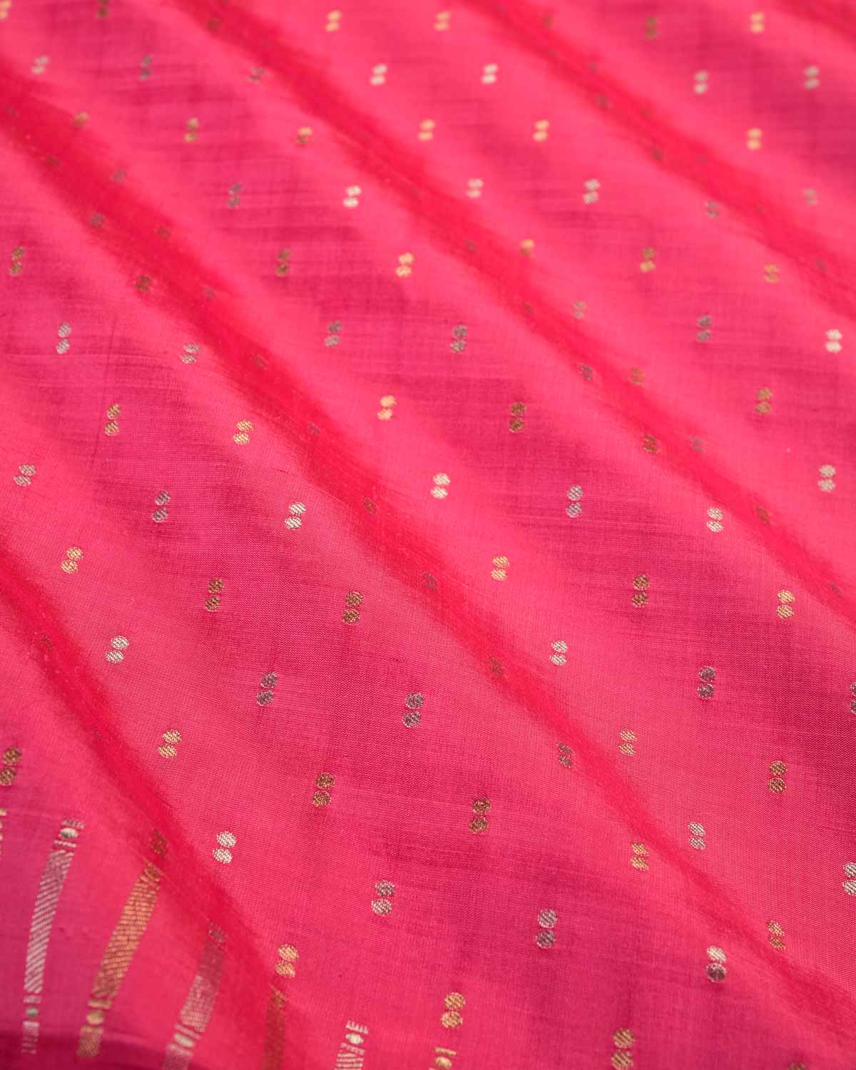 French Rose Pink Banarasi Gold & Silver Zari Duet Polka Buti Cutwork Brocade Handwoven Katan Silk Saree with Gita Shlok Blouse-HolyWeaves