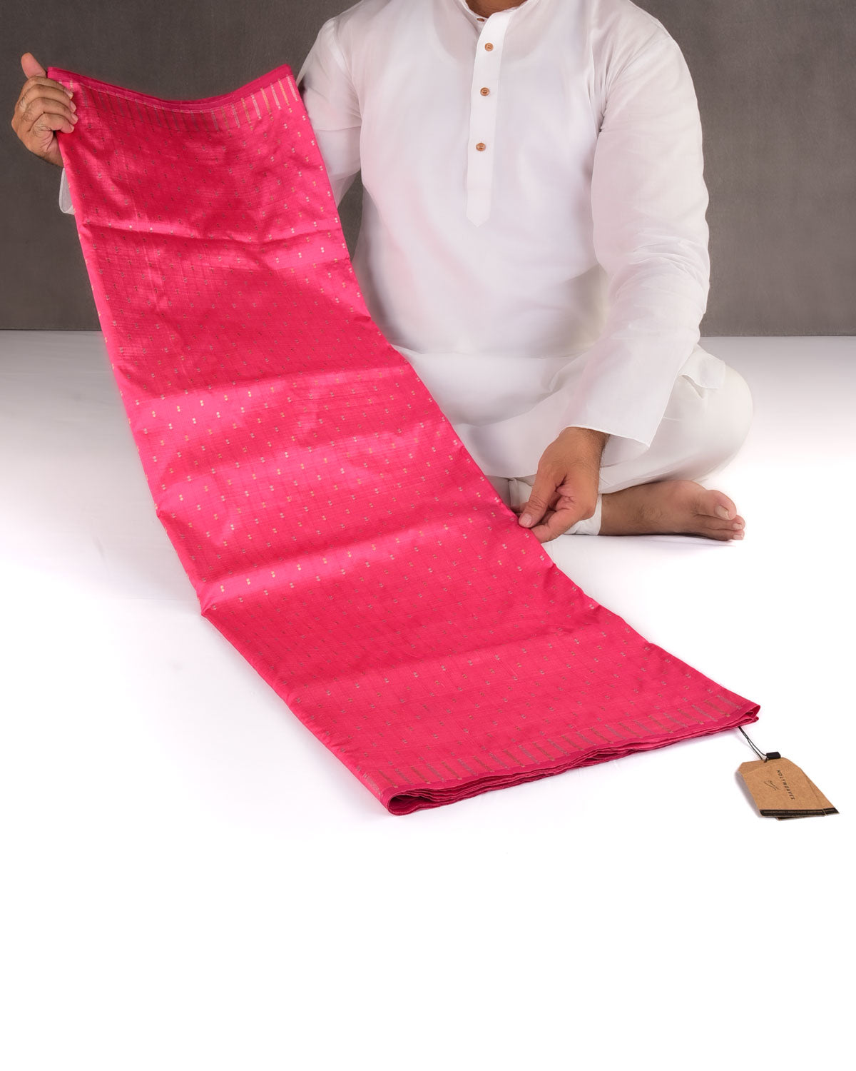 French Rose Pink Banarasi Gold & Silver Zari Duet Polka Buti Cutwork Brocade Handwoven Katan Silk Saree with Gita Shlok Blouse-HolyWeaves