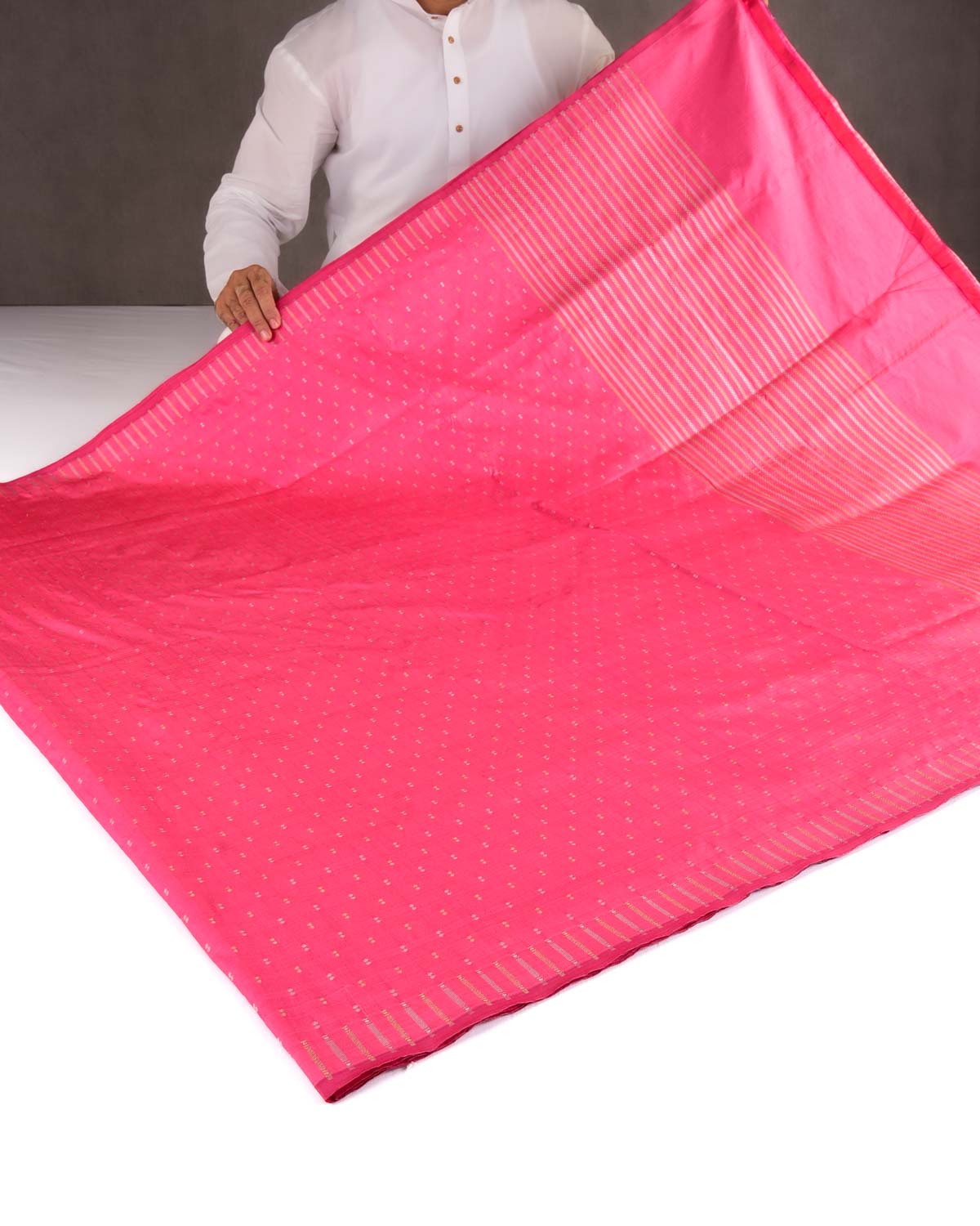 French Rose Pink Banarasi Gold & Silver Zari Duet Polka Buti Cutwork Brocade Handwoven Katan Silk Saree with Gita Shlok Blouse-HolyWeaves