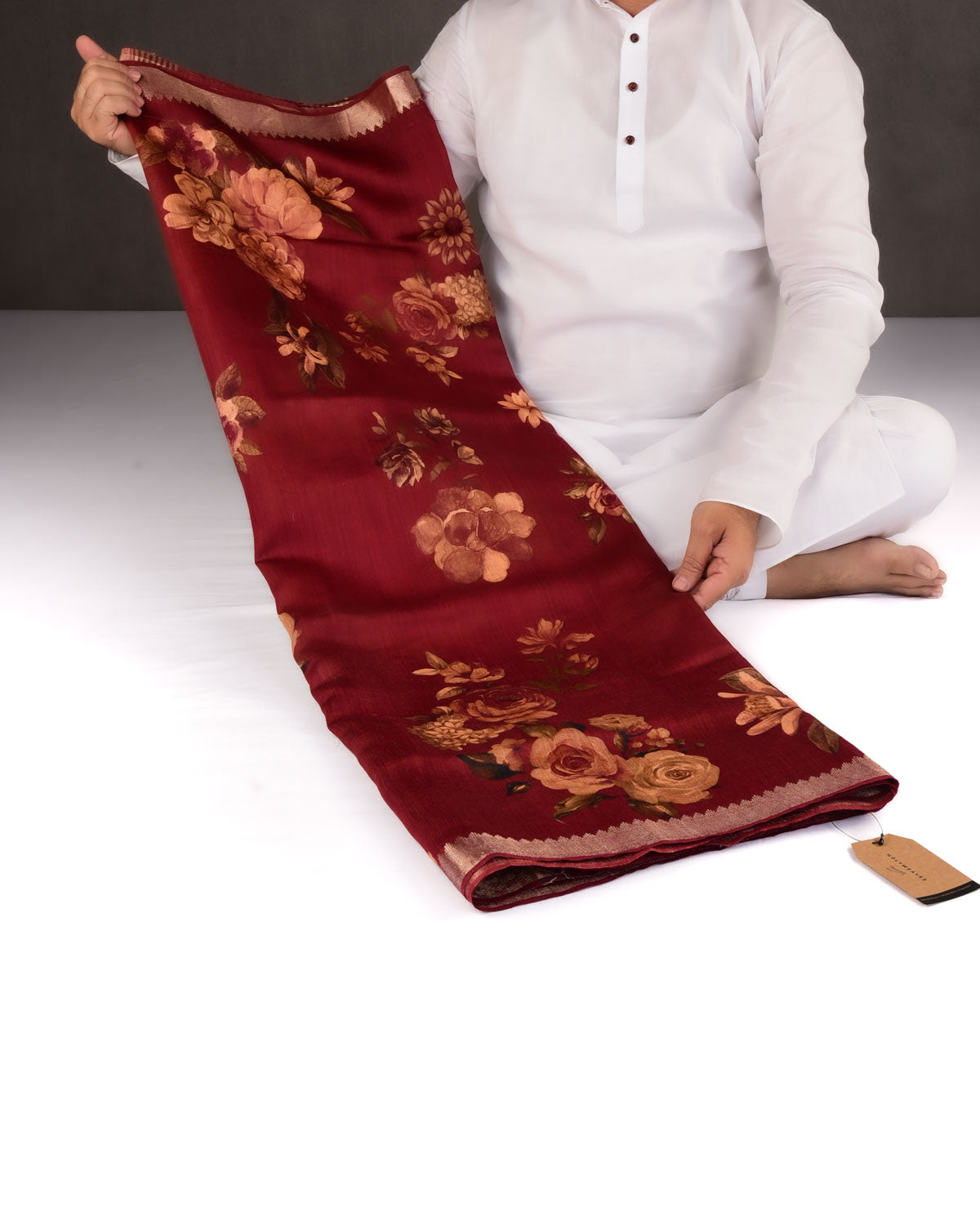 Maroon Floral Printed Muga Silk Saree with Zari Border-HolyWeaves