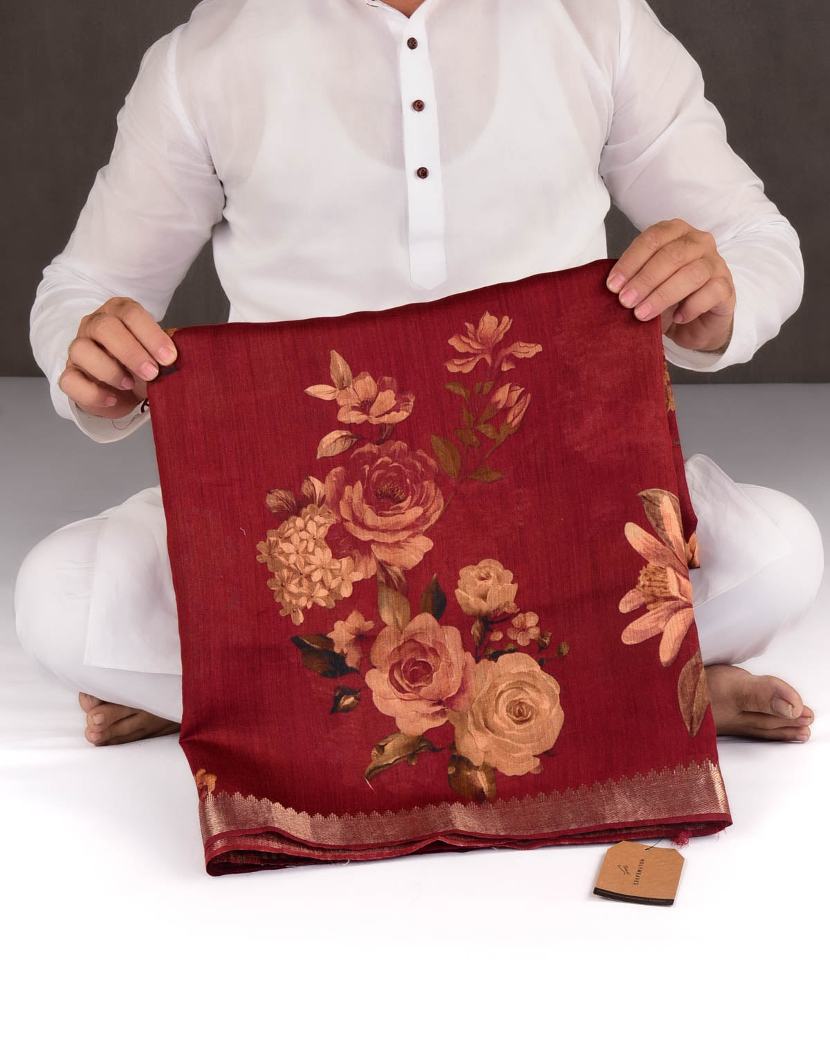 Maroon Floral Printed Muga Silk Saree with Zari Border-HolyWeaves