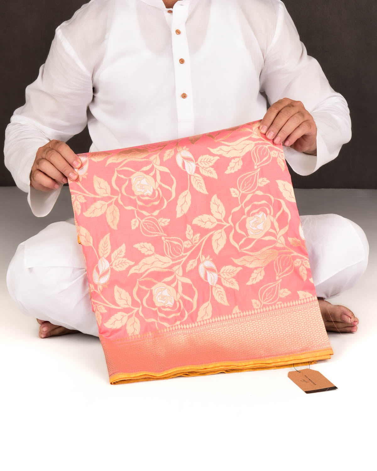 Salmon Pink Banarasi Gold & Silver Zari Alfi Floral Jaal Cutwork Brocade Handwoven Katan Silk Saree-HolyWeaves