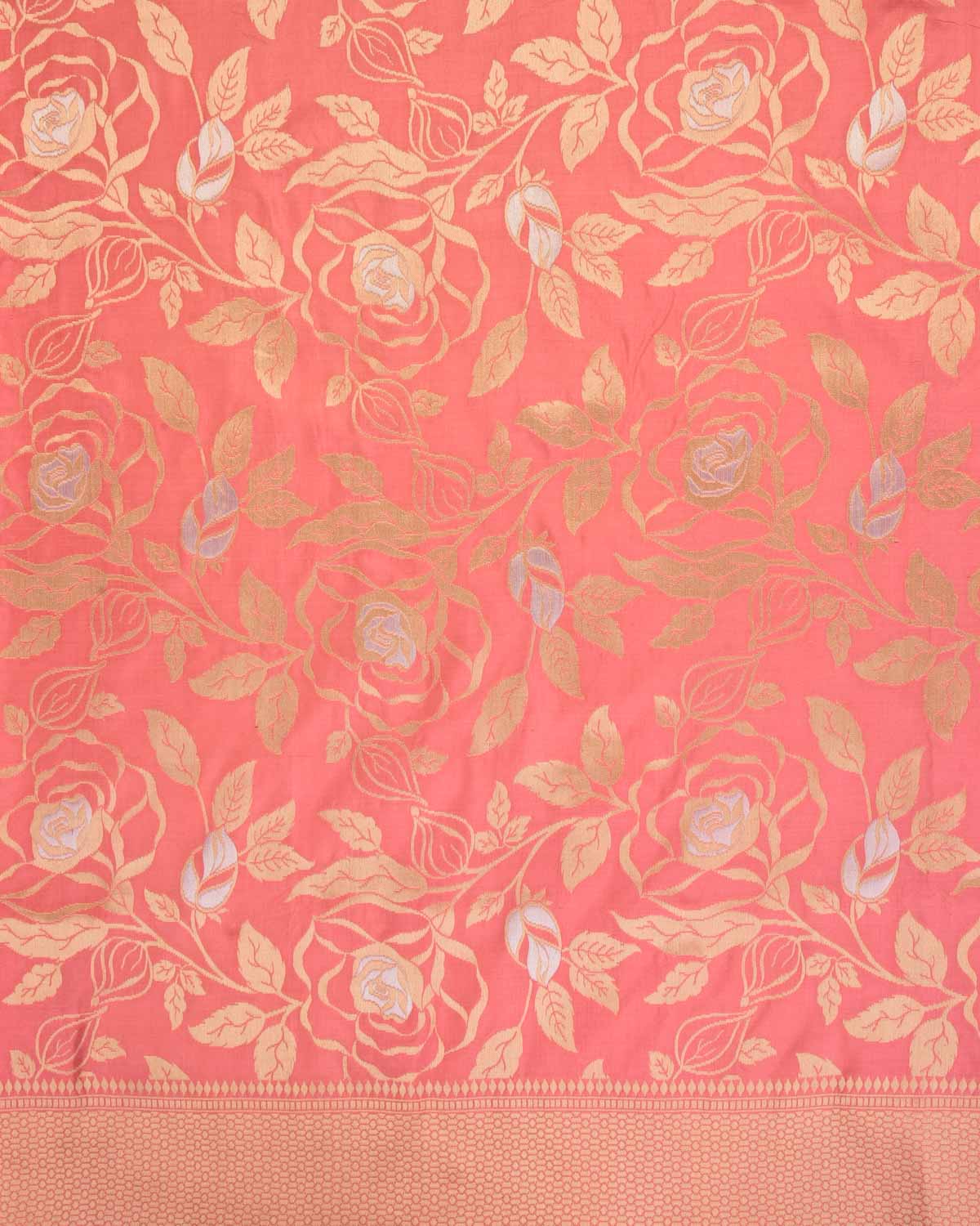 Salmon Pink Banarasi Gold & Silver Zari Alfi Floral Jaal Cutwork Brocade Handwoven Katan Silk Saree-HolyWeaves