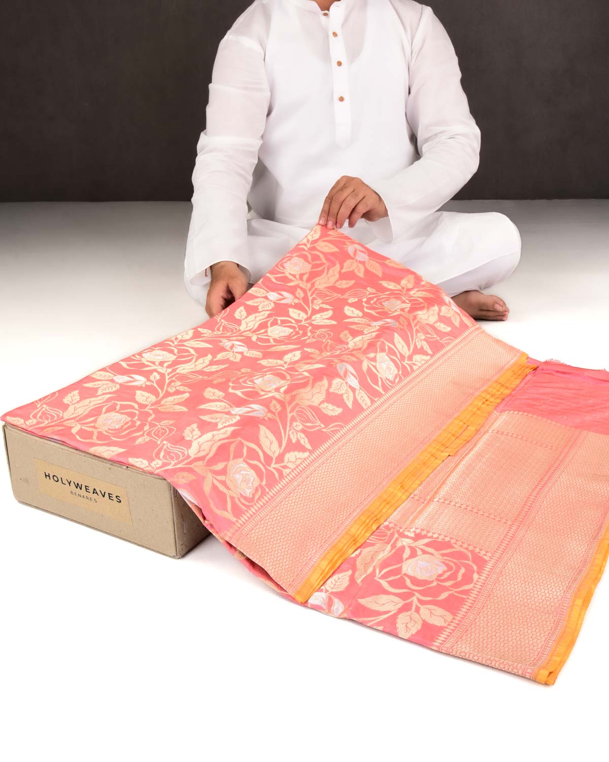 Salmon Pink Banarasi Gold & Silver Zari Alfi Floral Jaal Cutwork Brocade Handwoven Katan Silk Saree-HolyWeaves