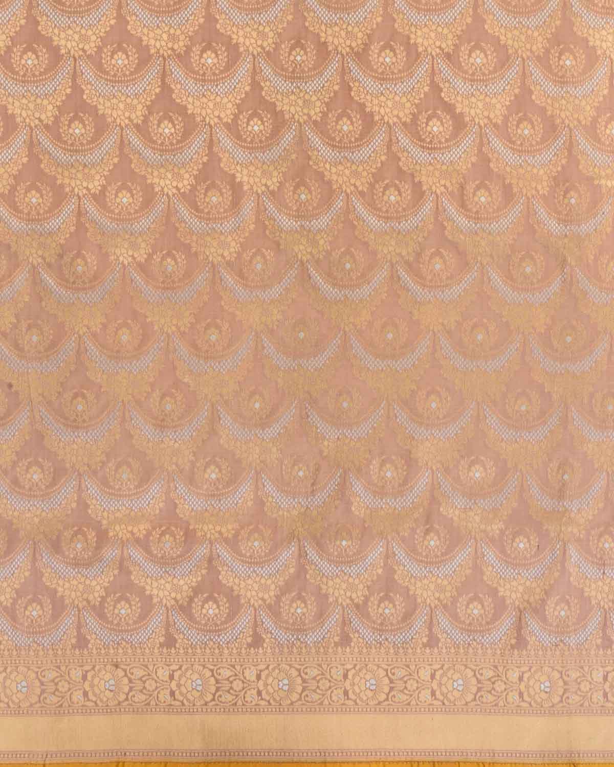 Tuscany Peach Banarasi Gold & Silver Zari Alfi Floral Jaal Cutwork Brocade Handwoven Katan Silk Saree-HolyWeaves