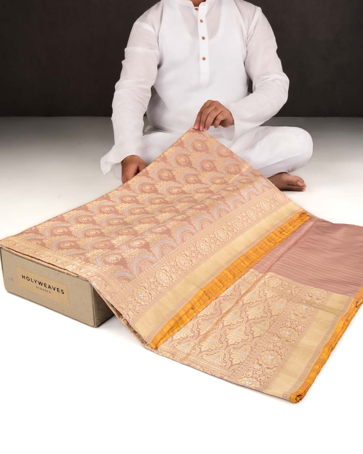 Tuscany Peach Banarasi Gold & Silver Zari Alfi Floral Jaal Cutwork Brocade Handwoven Katan Silk Saree-HolyWeaves
