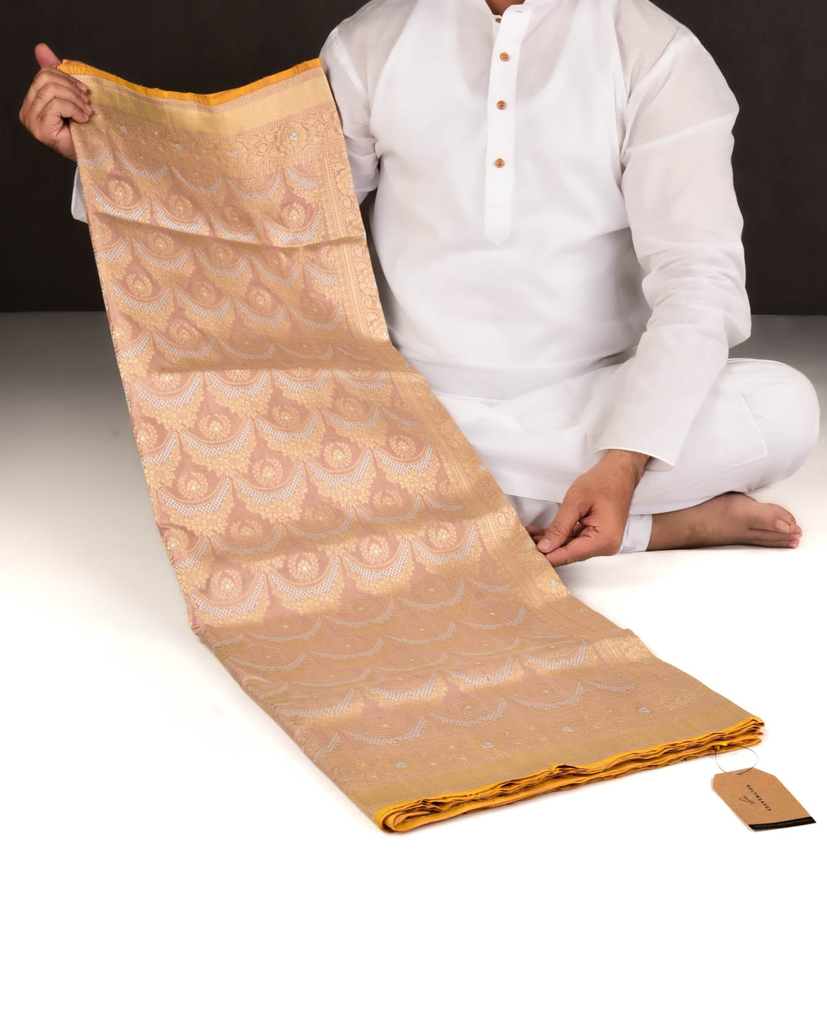 Tuscany Peach Banarasi Gold & Silver Zari Alfi Floral Jaal Cutwork Brocade Handwoven Katan Silk Saree-HolyWeaves