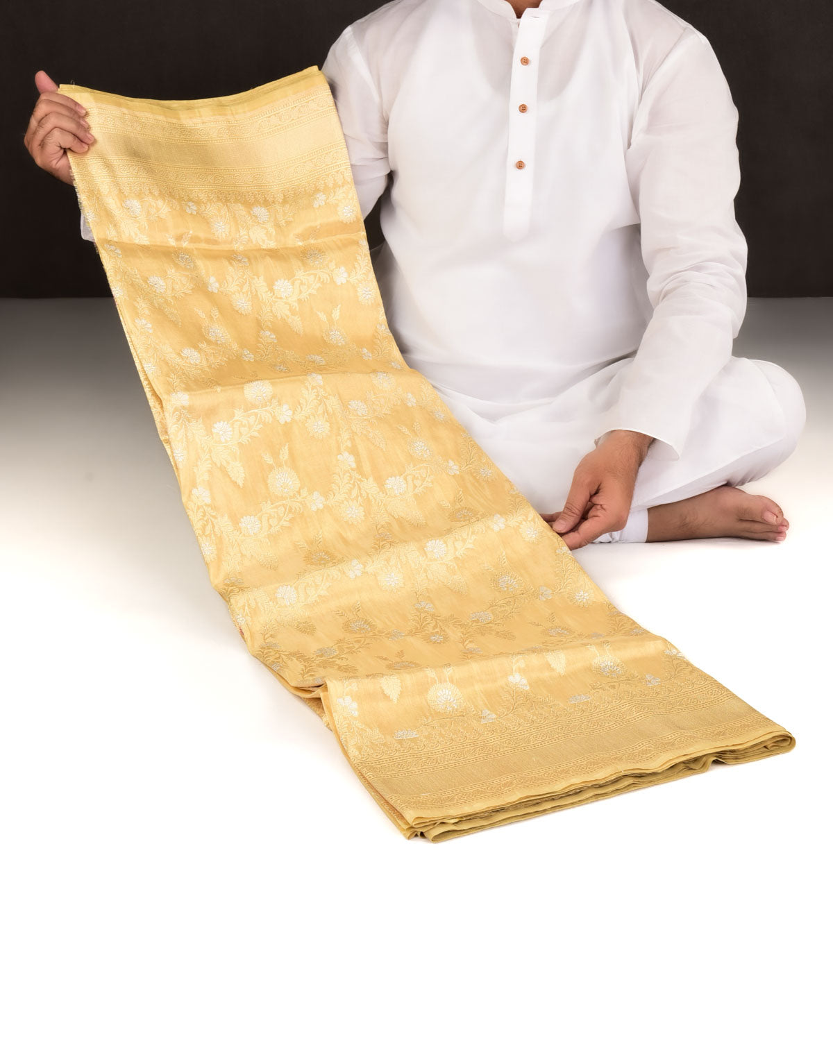 Metallic Gold Banarasi Gold & Silver Zari Jaal Kadhuan Brocade Handwoven Katan Tissue Saree-HolyWeaves