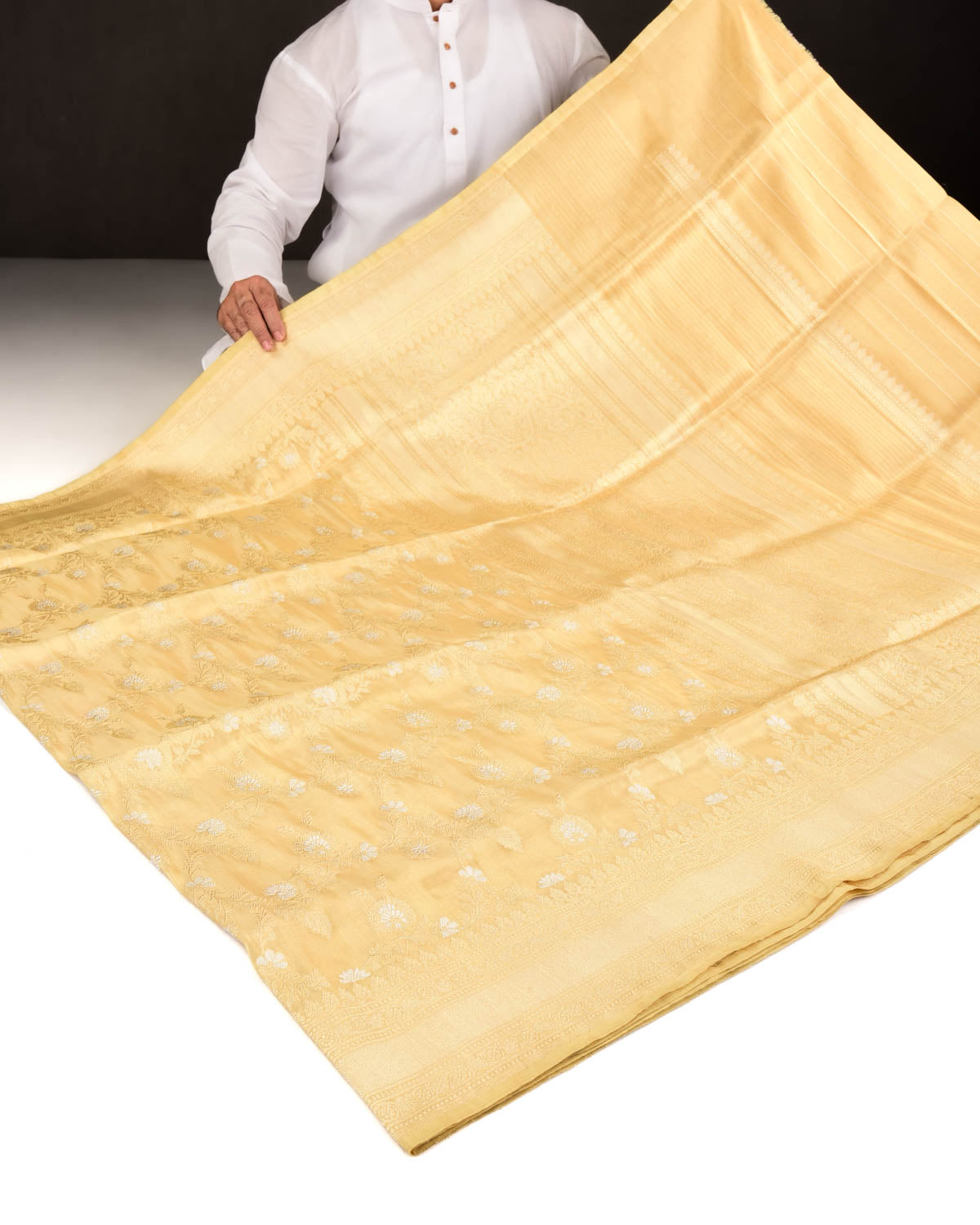 Metallic Gold Banarasi Gold & Silver Zari Jaal Kadhuan Brocade Handwoven Katan Tissue Saree-HolyWeaves
