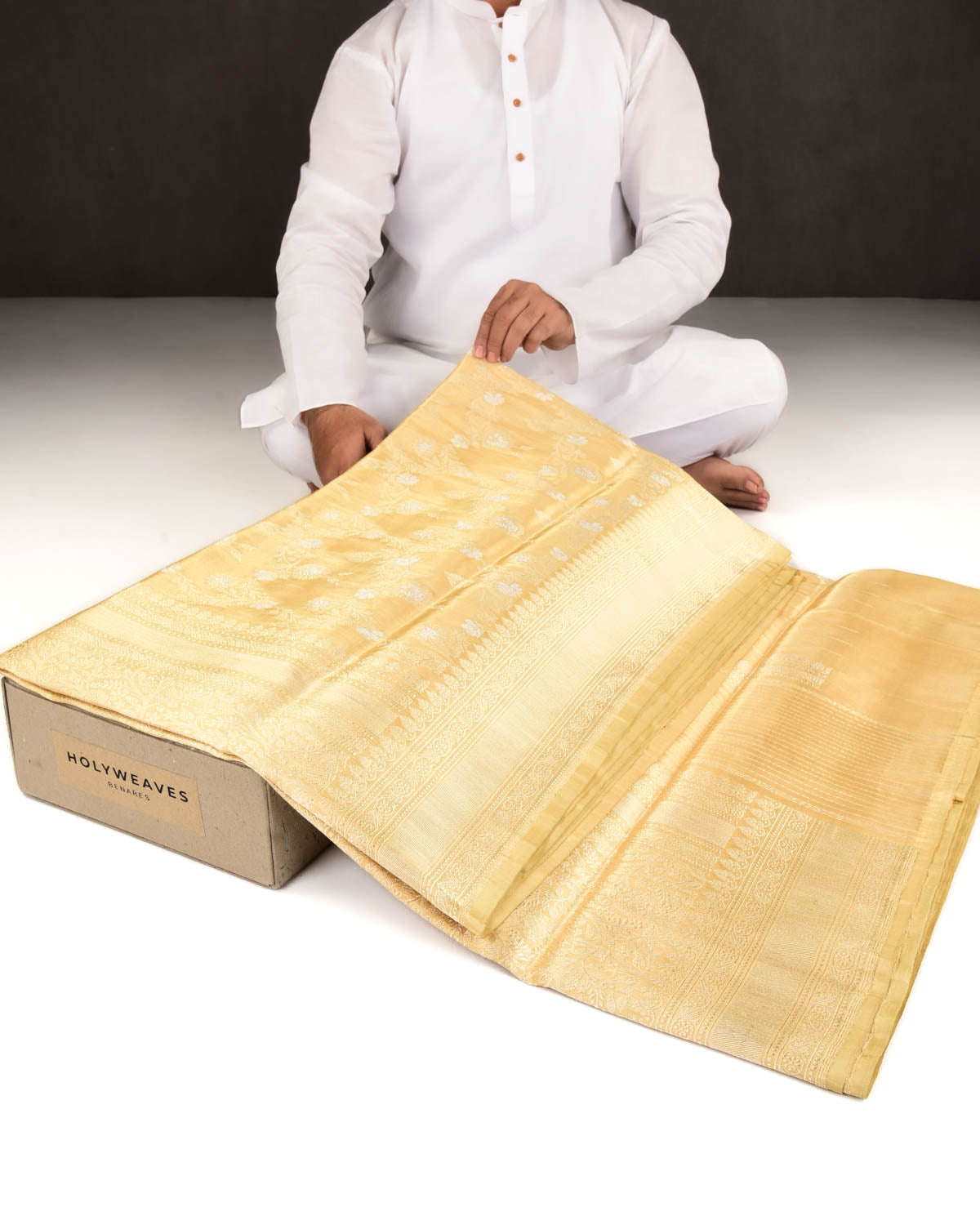 Metallic Gold Banarasi Gold & Silver Zari Jaal Kadhuan Brocade Handwoven Katan Tissue Saree-HolyWeaves